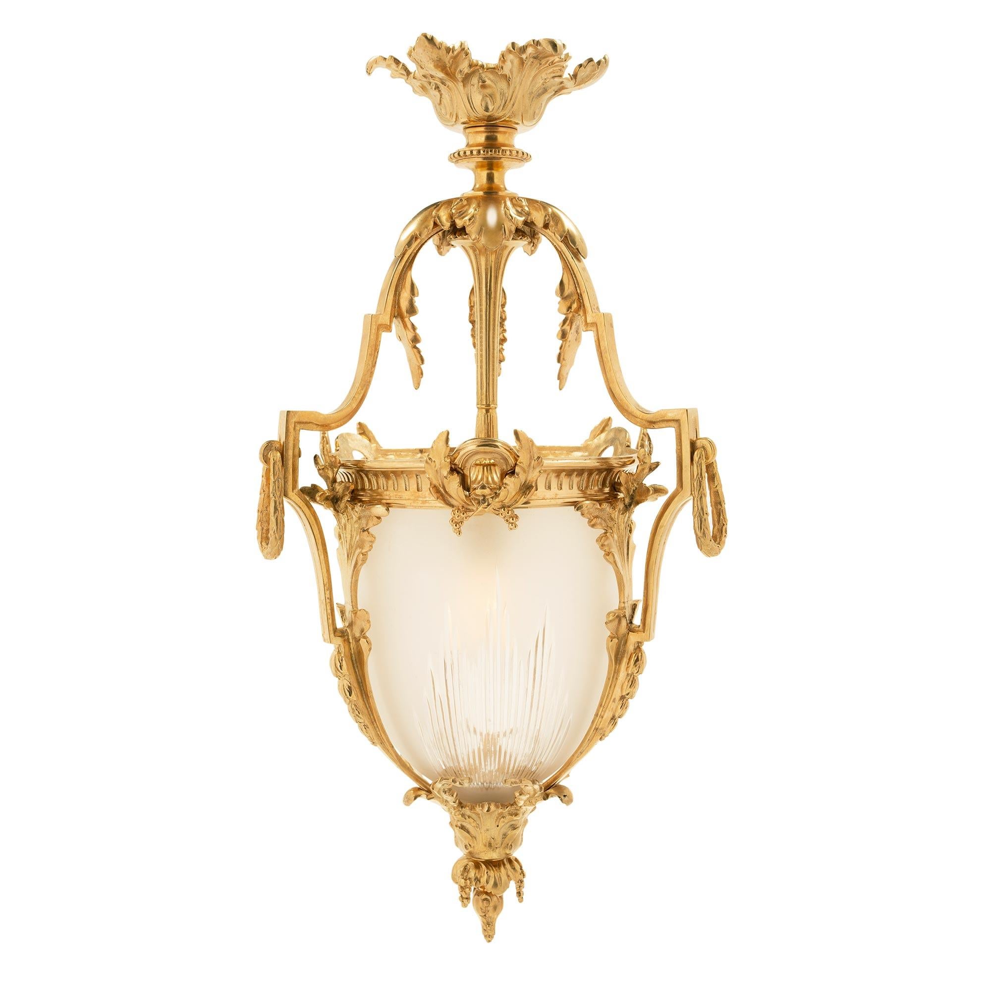 French 19th Century Louis XVI St. Ormolu And Frosted Glass Lantern For Sale