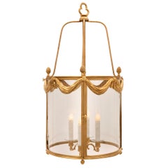 French 19th Century Louis XVI St. Ormolu and Hand Blown Glass Lantern