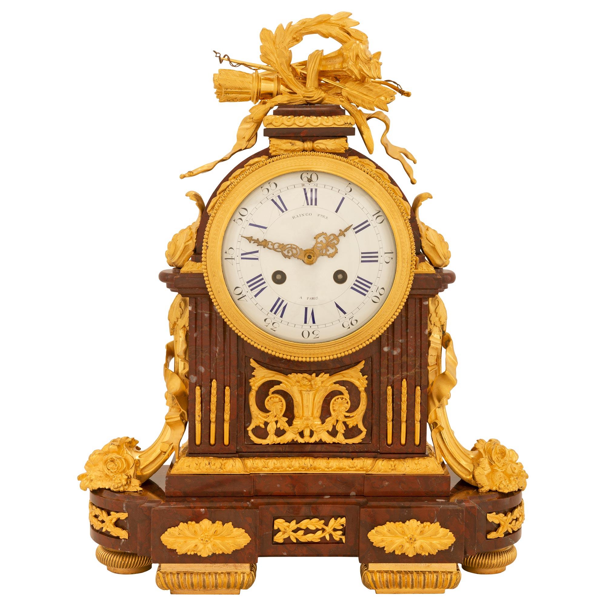 French 19th Century Louis XVI St. Ormolu and Marble Clock Signed Raingo Frères For Sale 8