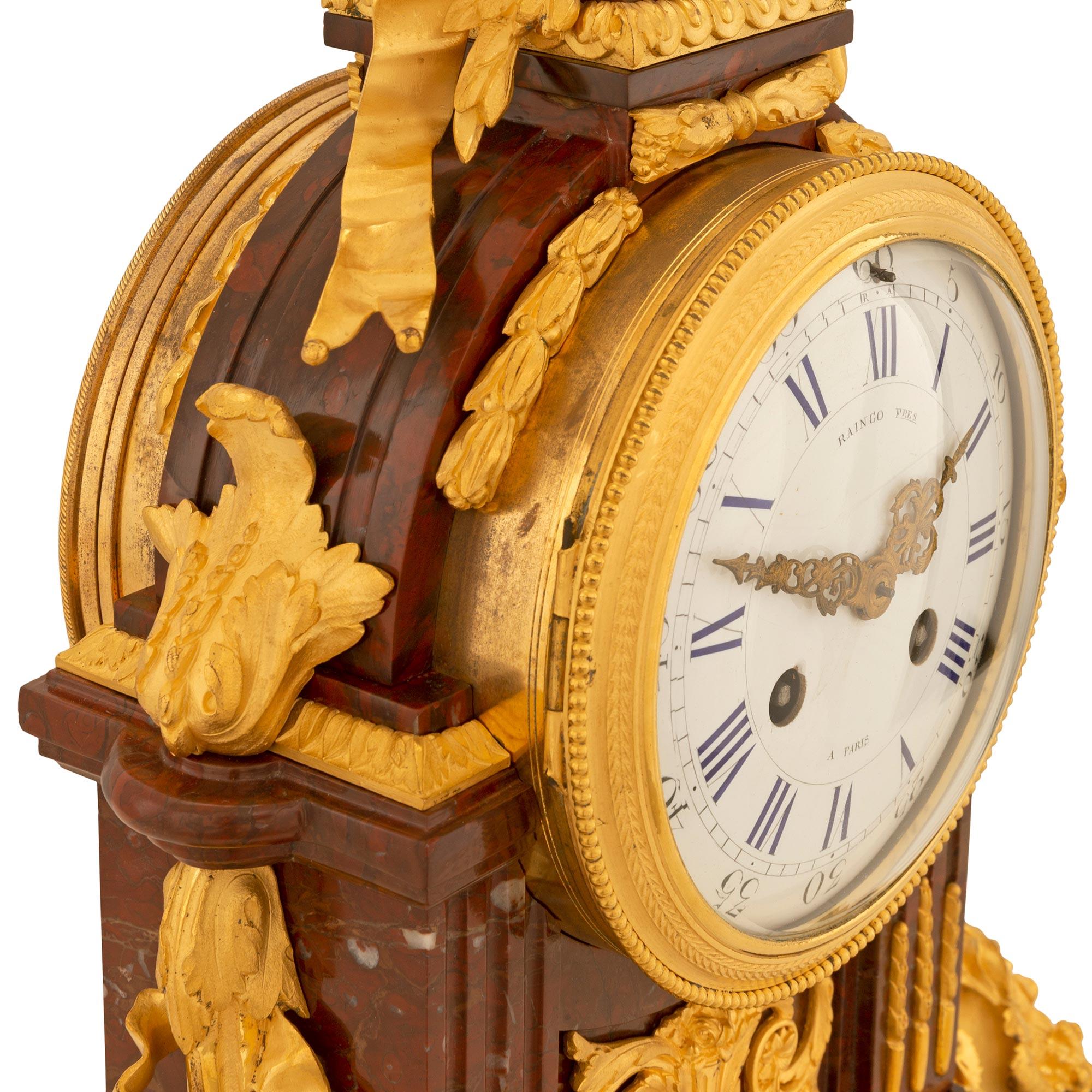 French 19th Century Louis XVI St. Ormolu and Marble Clock Signed Raingo Frères In Good Condition For Sale In West Palm Beach, FL