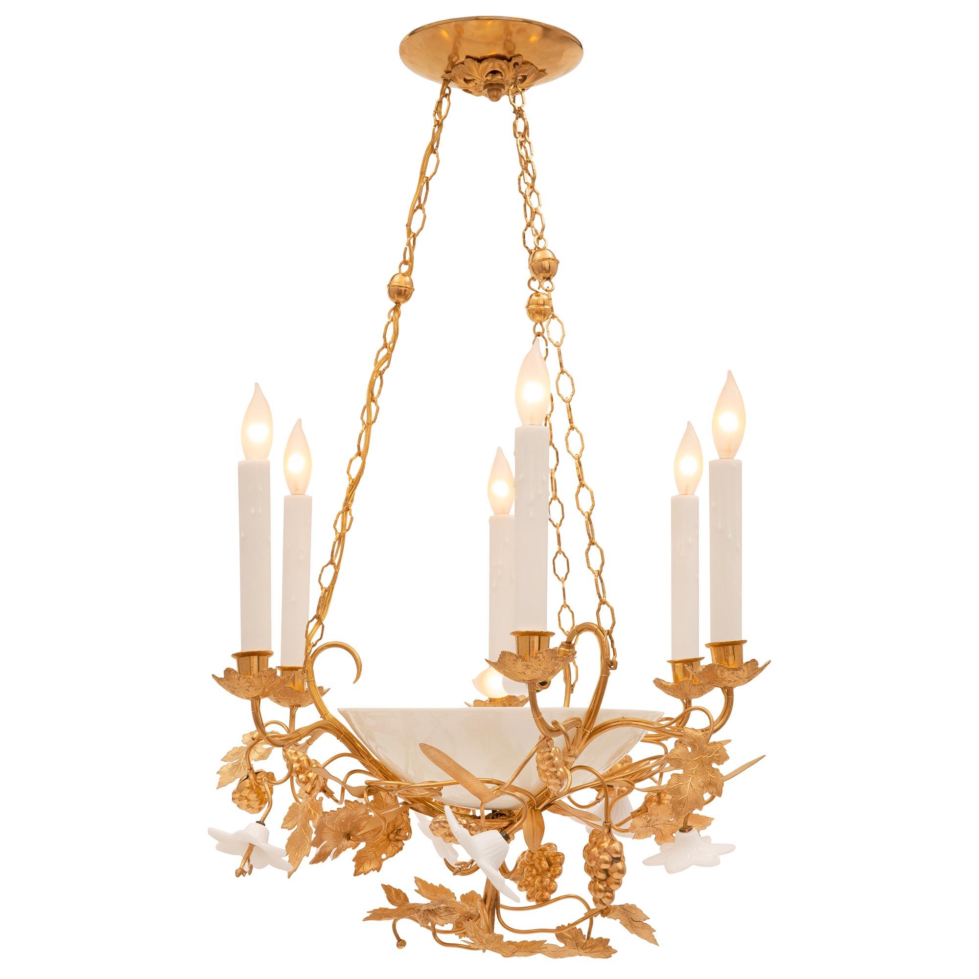 French 19th Century Louis XVI St. Ormolu and Opaline Chandelier In Good Condition For Sale In West Palm Beach, FL