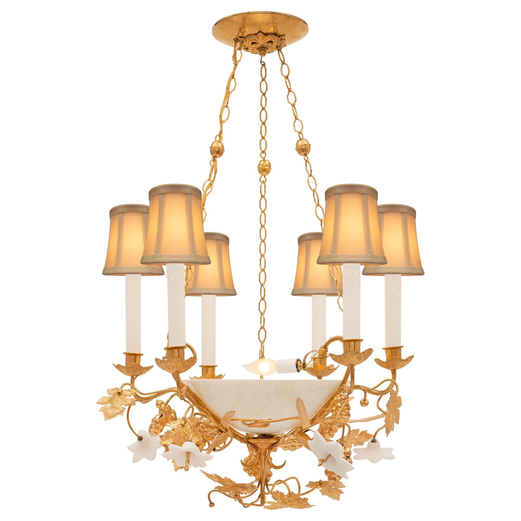 French 19th Century Louis XVI St. Ormolu and Opaline Chandelier