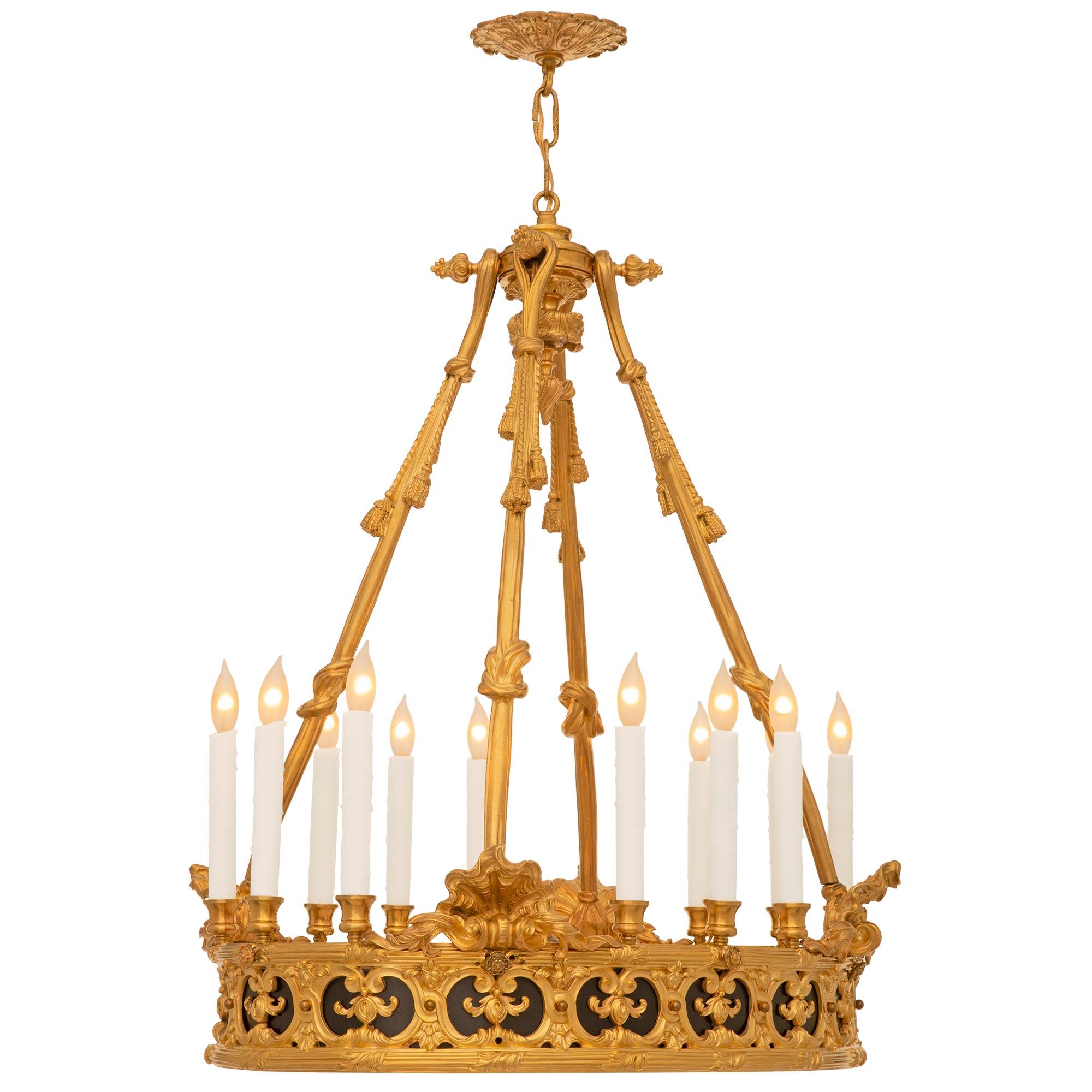 French 19th Century Louis XVI St. Ormolu And Patinated Bronze Chandelier In Good Condition For Sale In West Palm Beach, FL