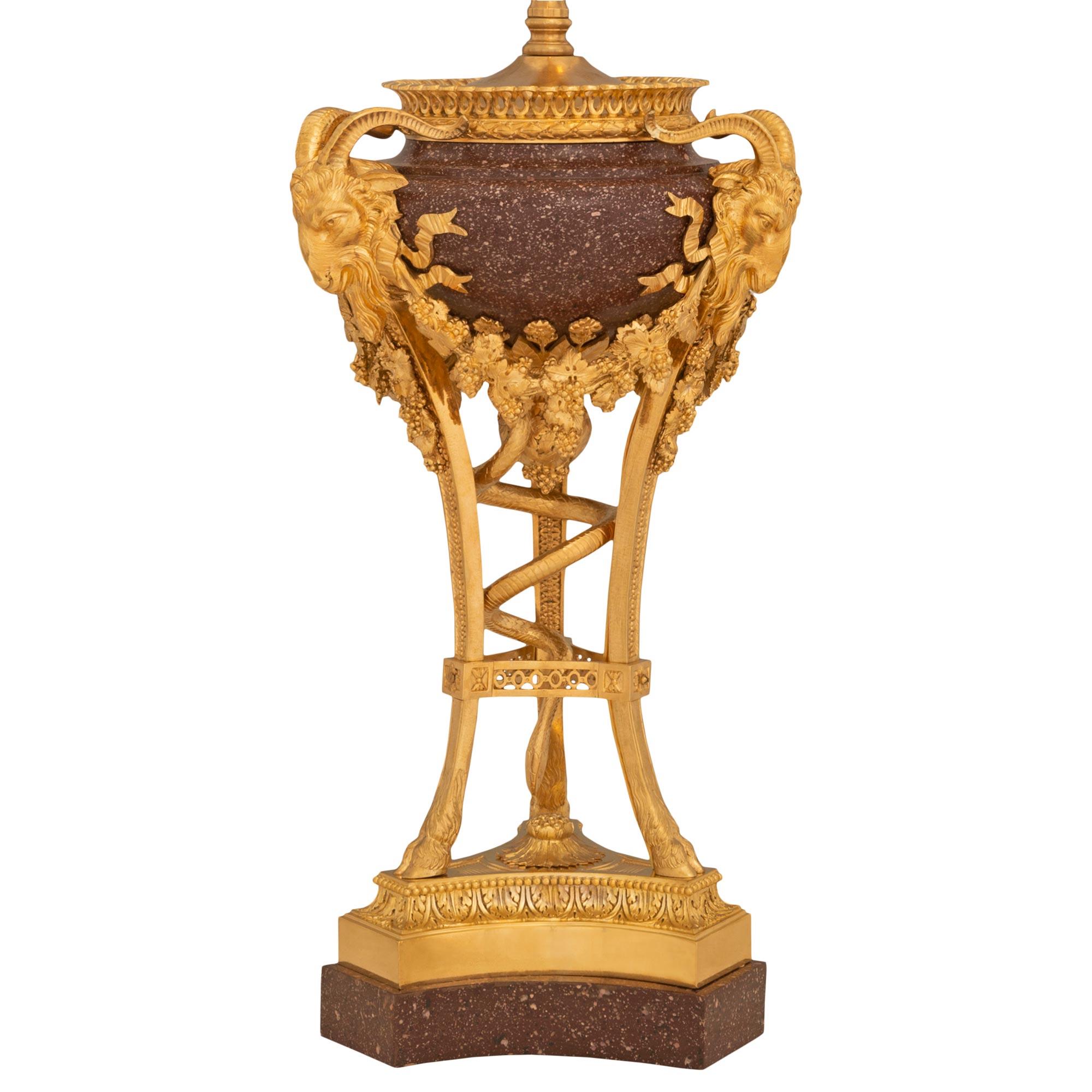 French 19th Century Louis XVI St. Ormolu And Porphyry Lamp Attributed To Sormani In Good Condition For Sale In West Palm Beach, FL