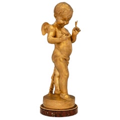 Estatua Francesa del Siglo XIX de Ormolu y Mármol Rojo Griotte de San Luis XVI