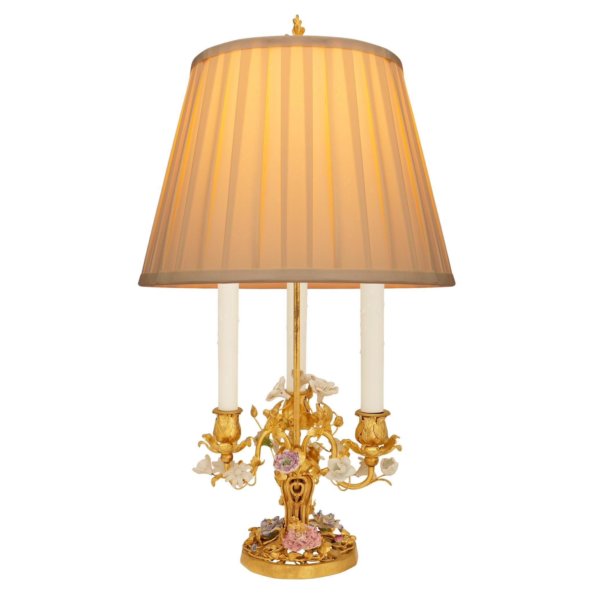 French 19th century Louis XVI st. Ormolu and Saxe Porcelain Bouillotte lamp