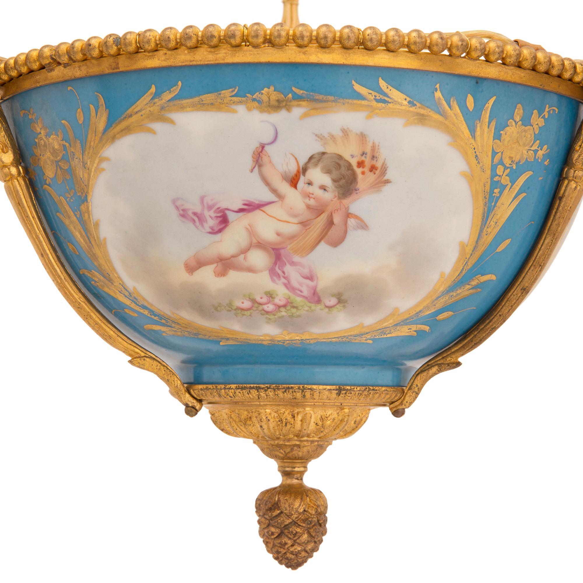 French 19th Century Louis XVI St. Ormolu And Sèvres Porcelain Chandelier For Sale 2