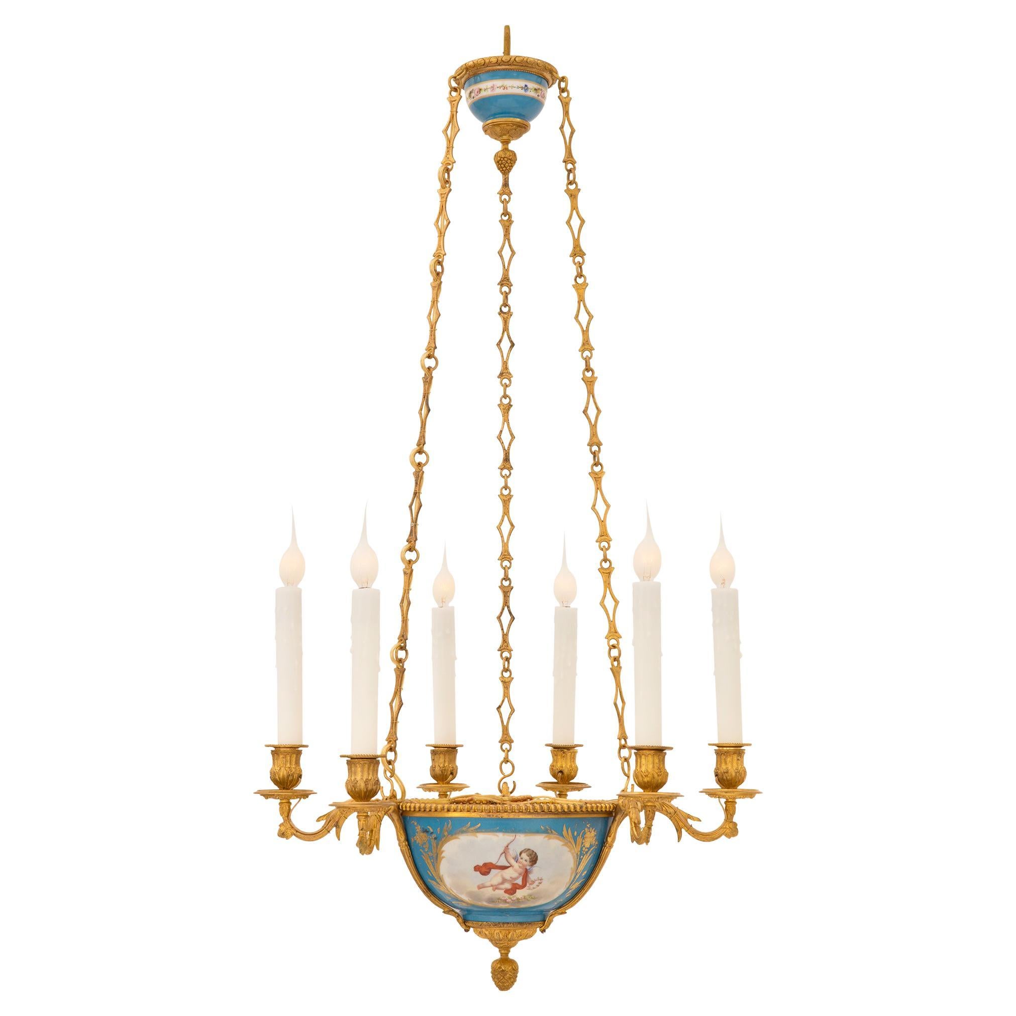 French 19th Century Louis XVI St. Ormolu And Sèvres Porcelain Chandelier For Sale