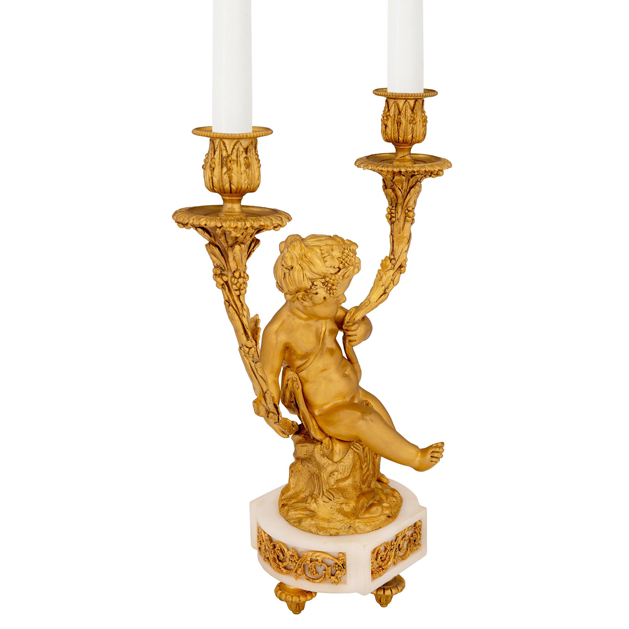 French 19th Century Louis XVI St. Ormolu and White Carrara Marble Candelabra In Good Condition For Sale In West Palm Beach, FL