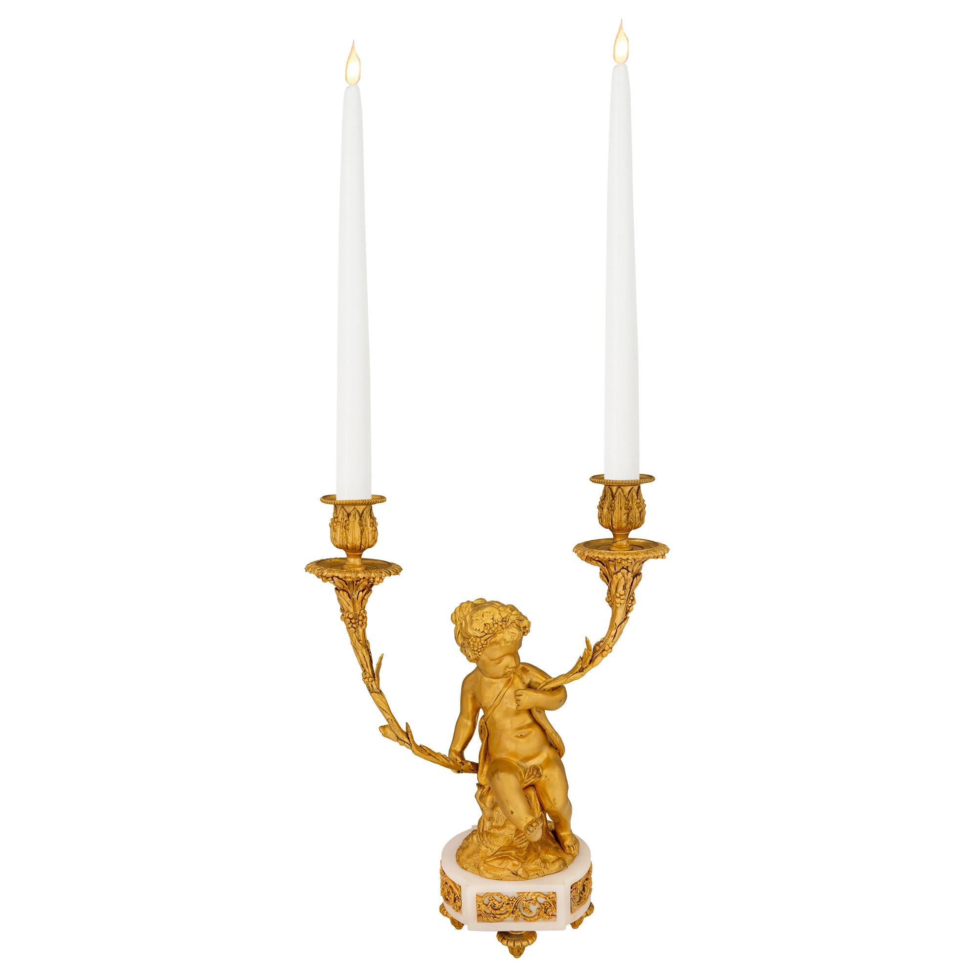 French 19th Century Louis XVI St. Ormolu and White Carrara Marble Candelabra For Sale