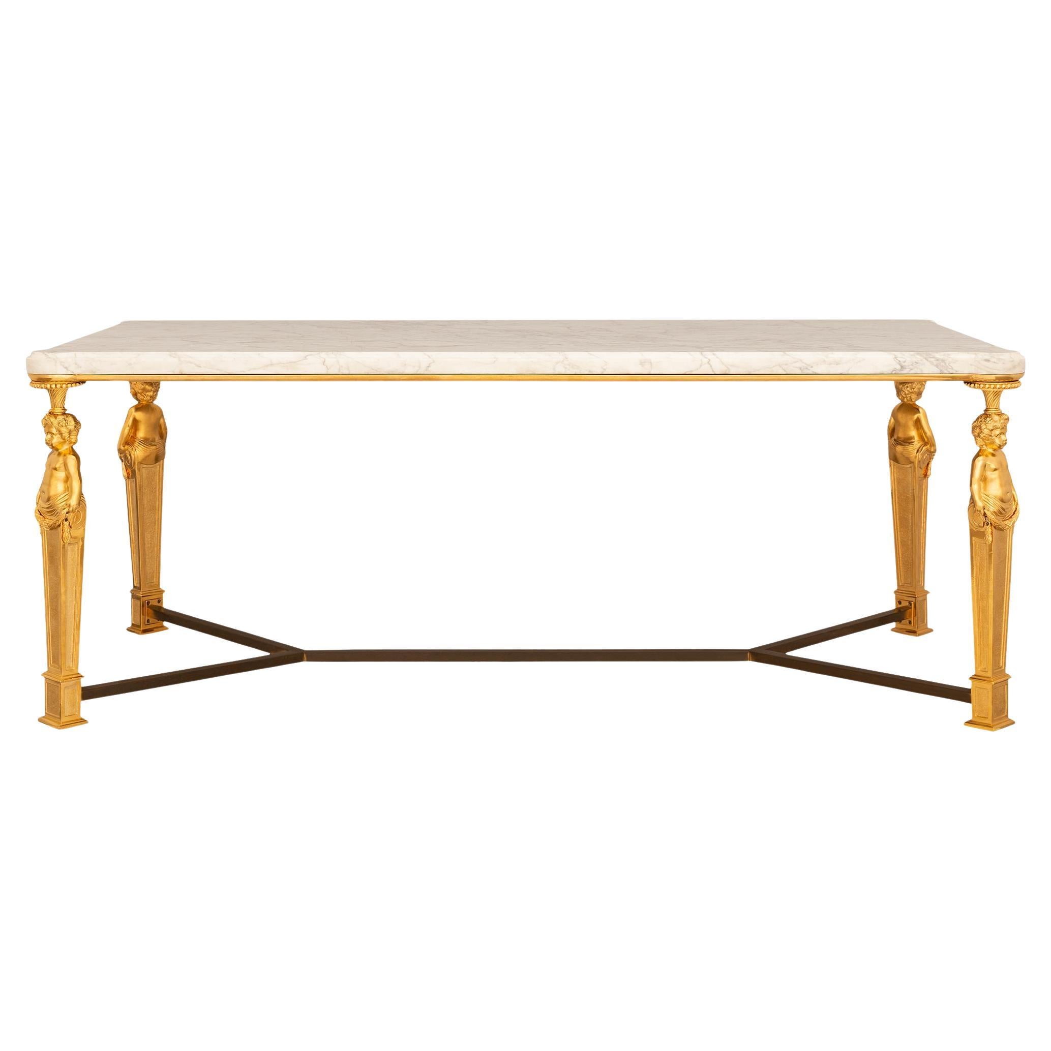 French 19th century Louis XVI st. Ormolu and white Carrara marble coffee table