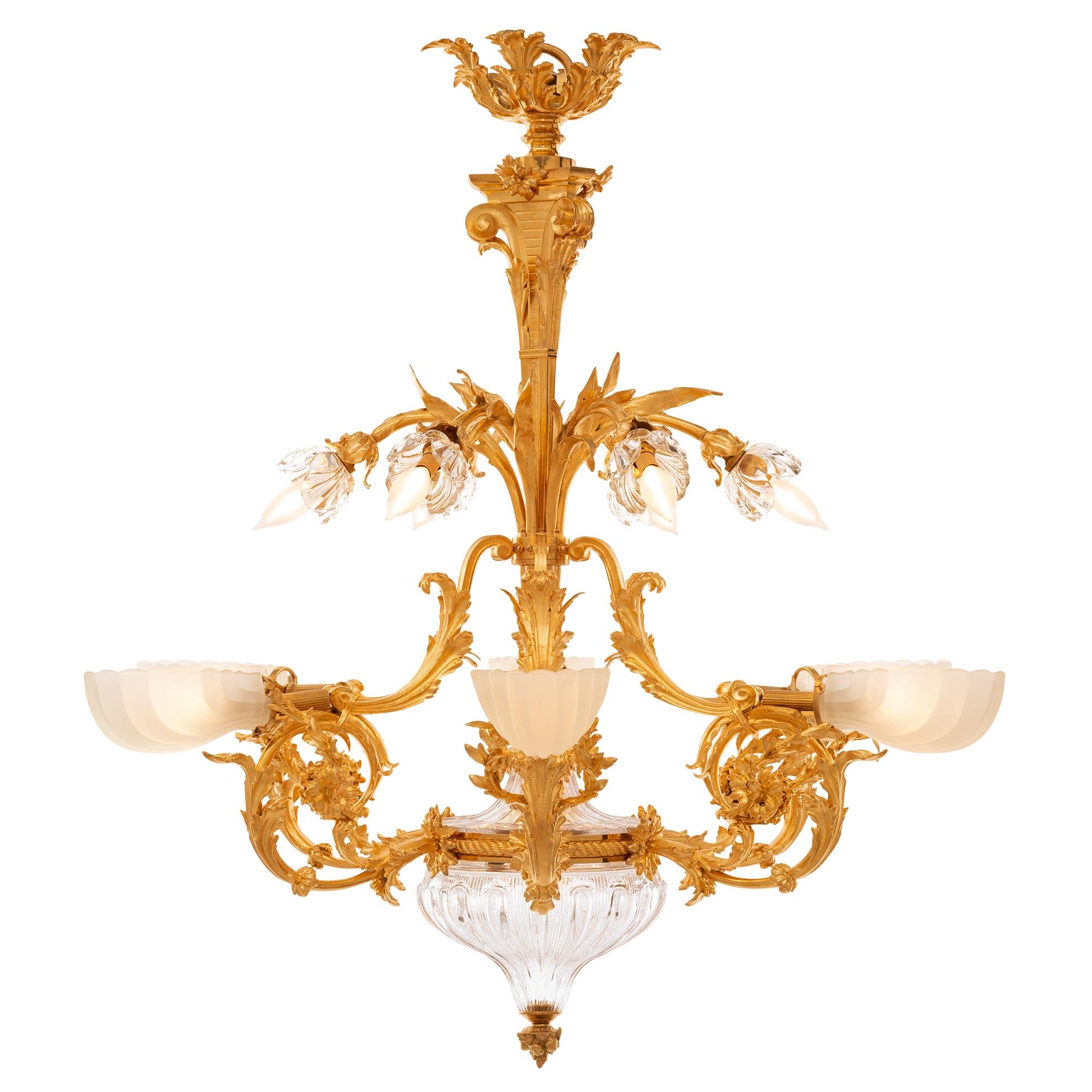 Frosted French 19th Century Louis XVI St. Ormolu, Baccarat Crystal and Glass Chandelier For Sale