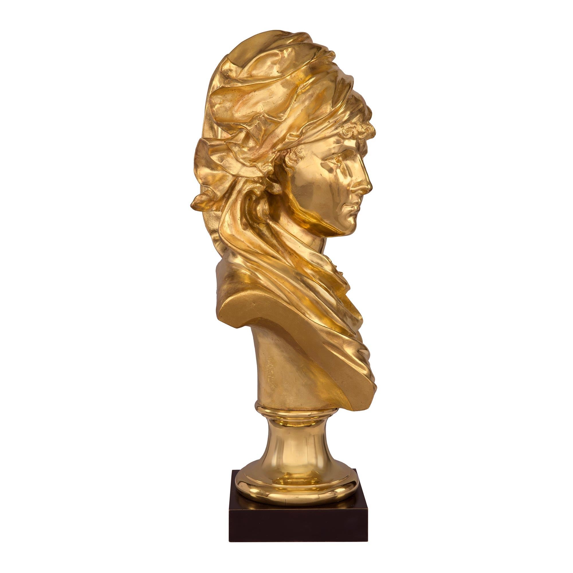 Patinated French 19th Century Louis XVI St. Ormolu Bust of a Young Maiden Signed A. Rollé For Sale