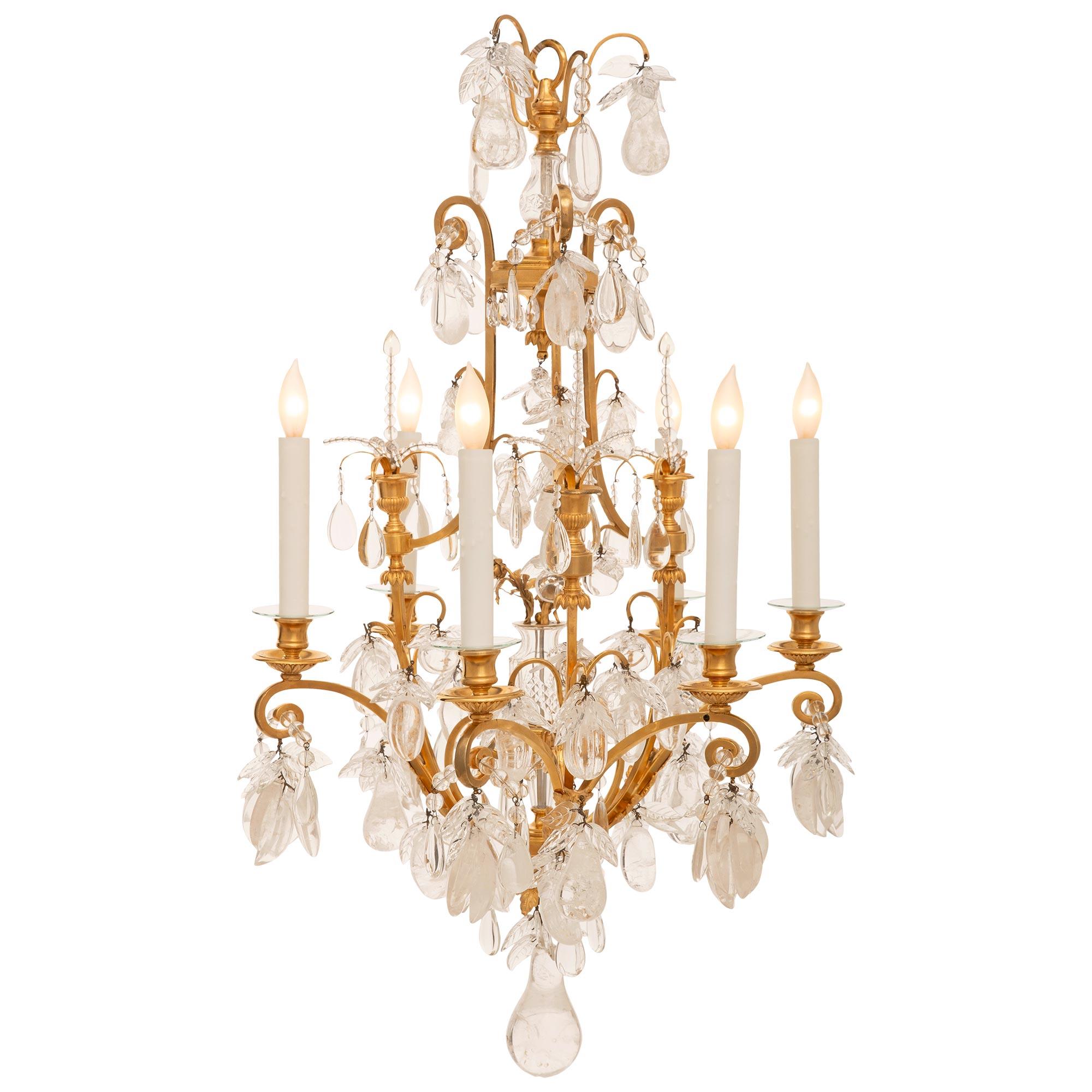 French 19th Century Louis XVI St. Ormolu, Crystal And Rock Crystal Chandelier In Good Condition For Sale In West Palm Beach, FL