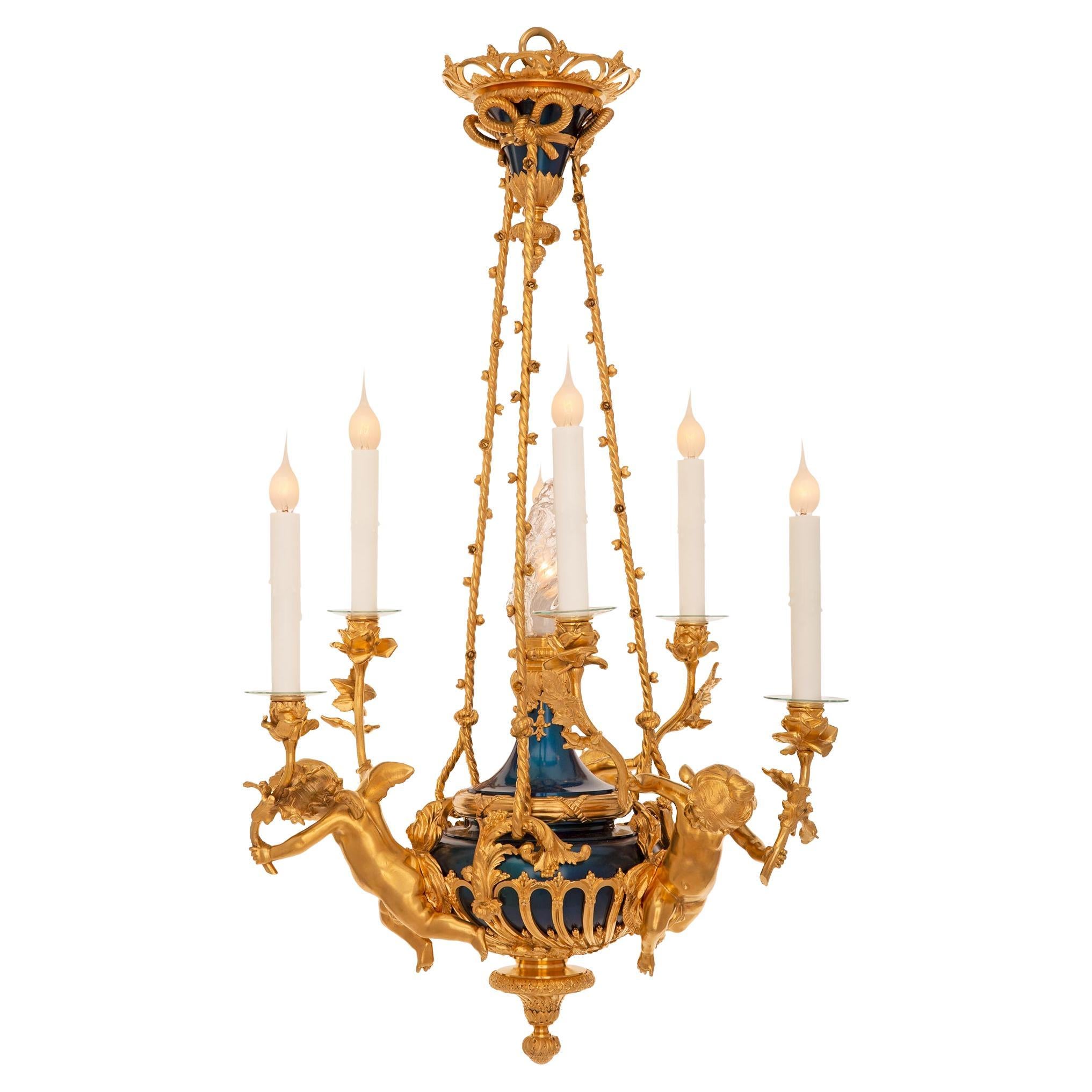 French 19th Century Louis XVI St. Ormolu, Enameled Bronze And Crystal Chandelier For Sale