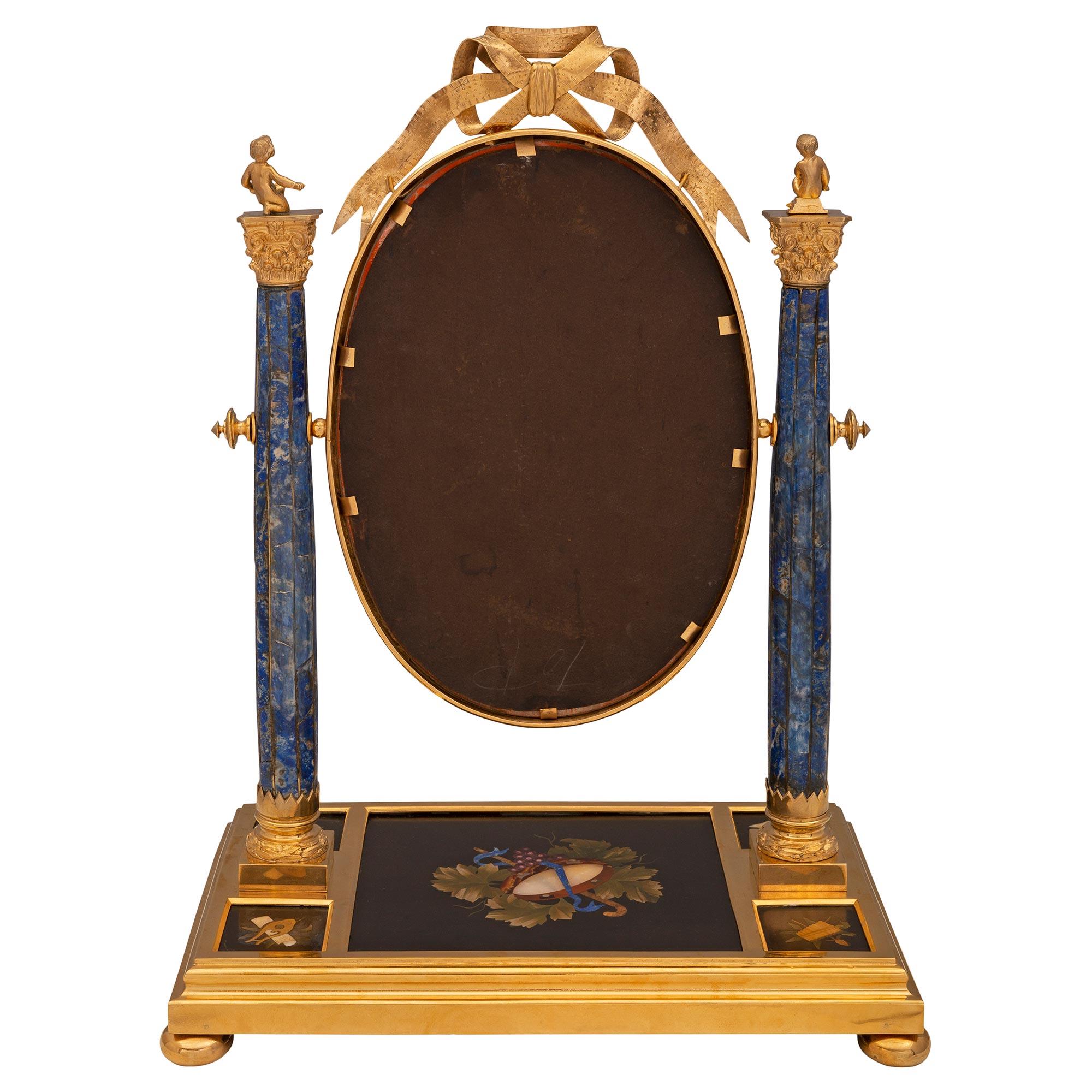 French 19th Century Louis XVI St. Ormolu, Lapis Lazuli and Pietra Dura Mirror In Good Condition For Sale In West Palm Beach, FL