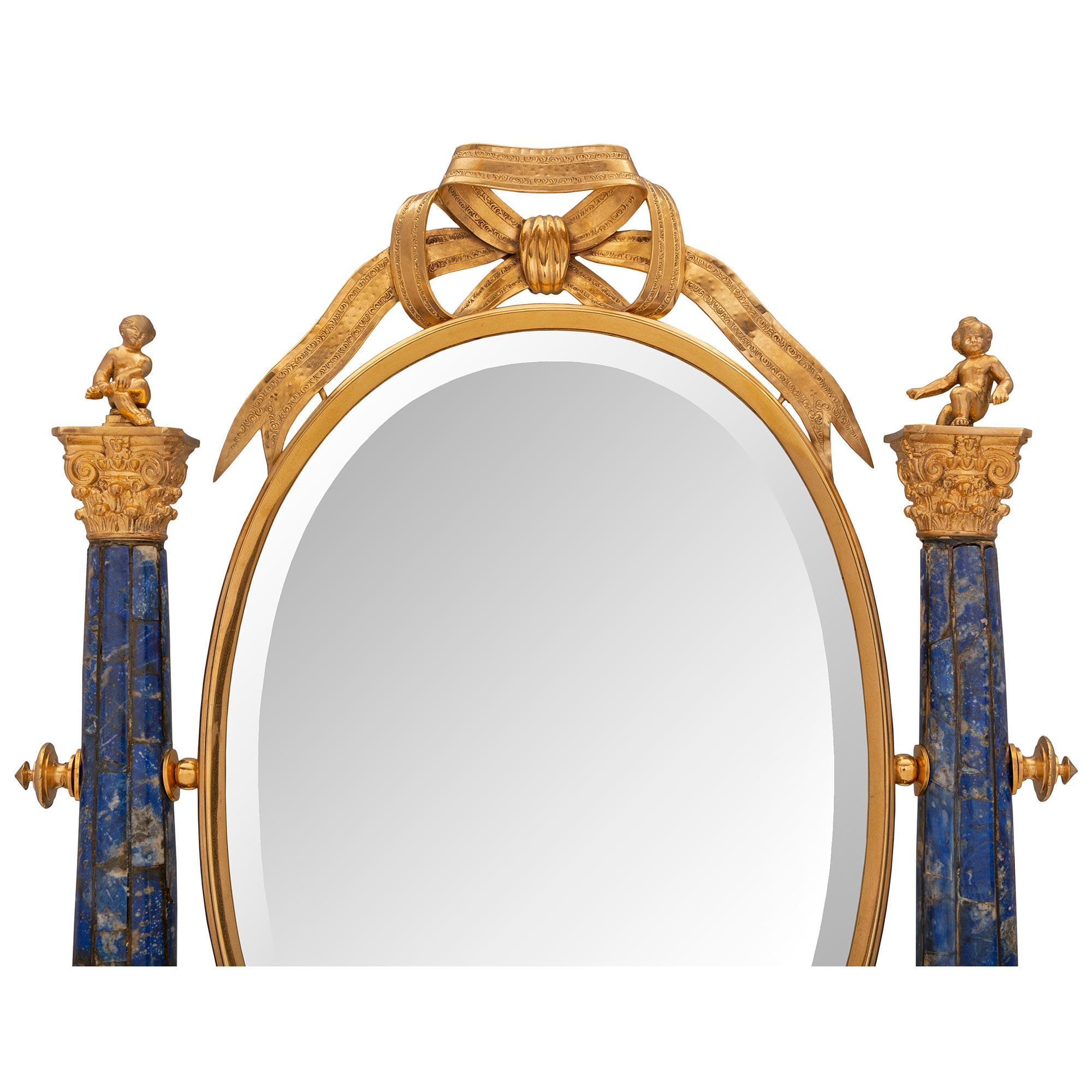 French 19th Century Louis XVI St. Ormolu, Lapis Lazuli and Pietra Dura Mirror For Sale 1