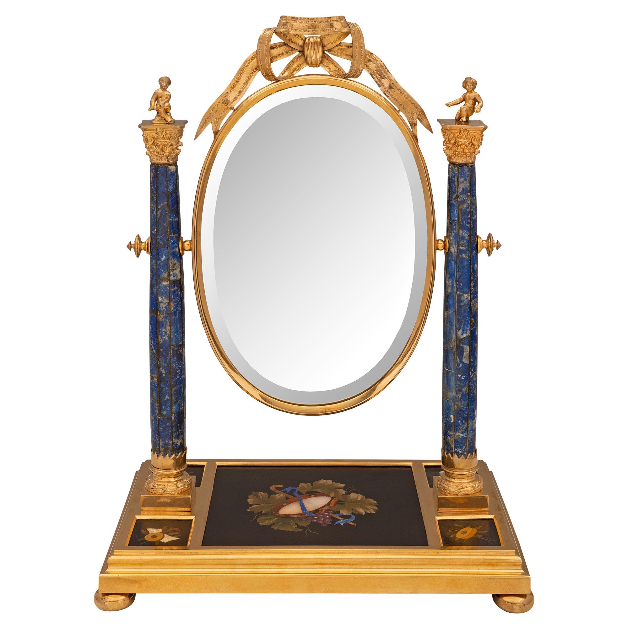 French 19th Century Louis XVI St. Ormolu, Lapis Lazuli and Pietra Dura Mirror For Sale