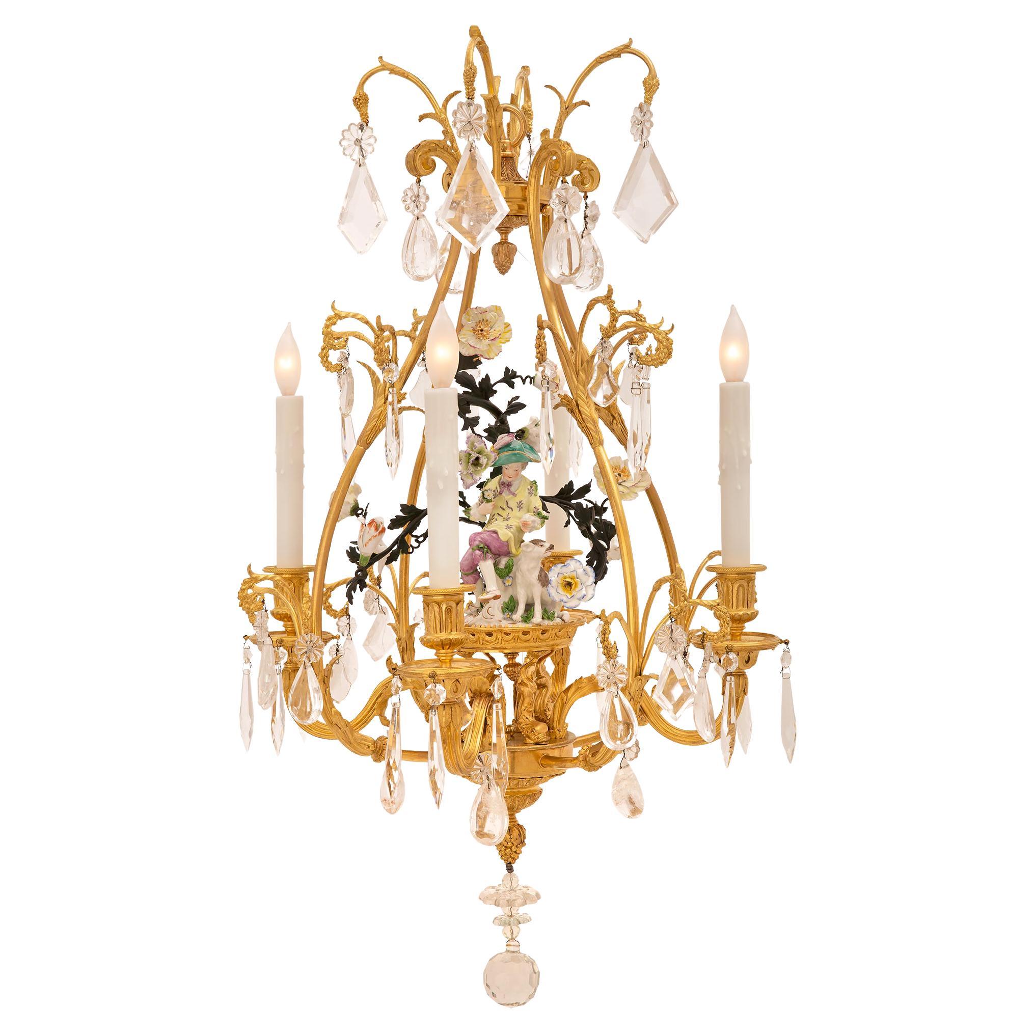 French 19th Century Louis XVI St. Ormolu, Meissen Porcelain, Crystal Chandelier