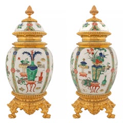 French 19th Century Louis XVI St. Ormolu Mounts on Chinese Export Porcelain Urns
