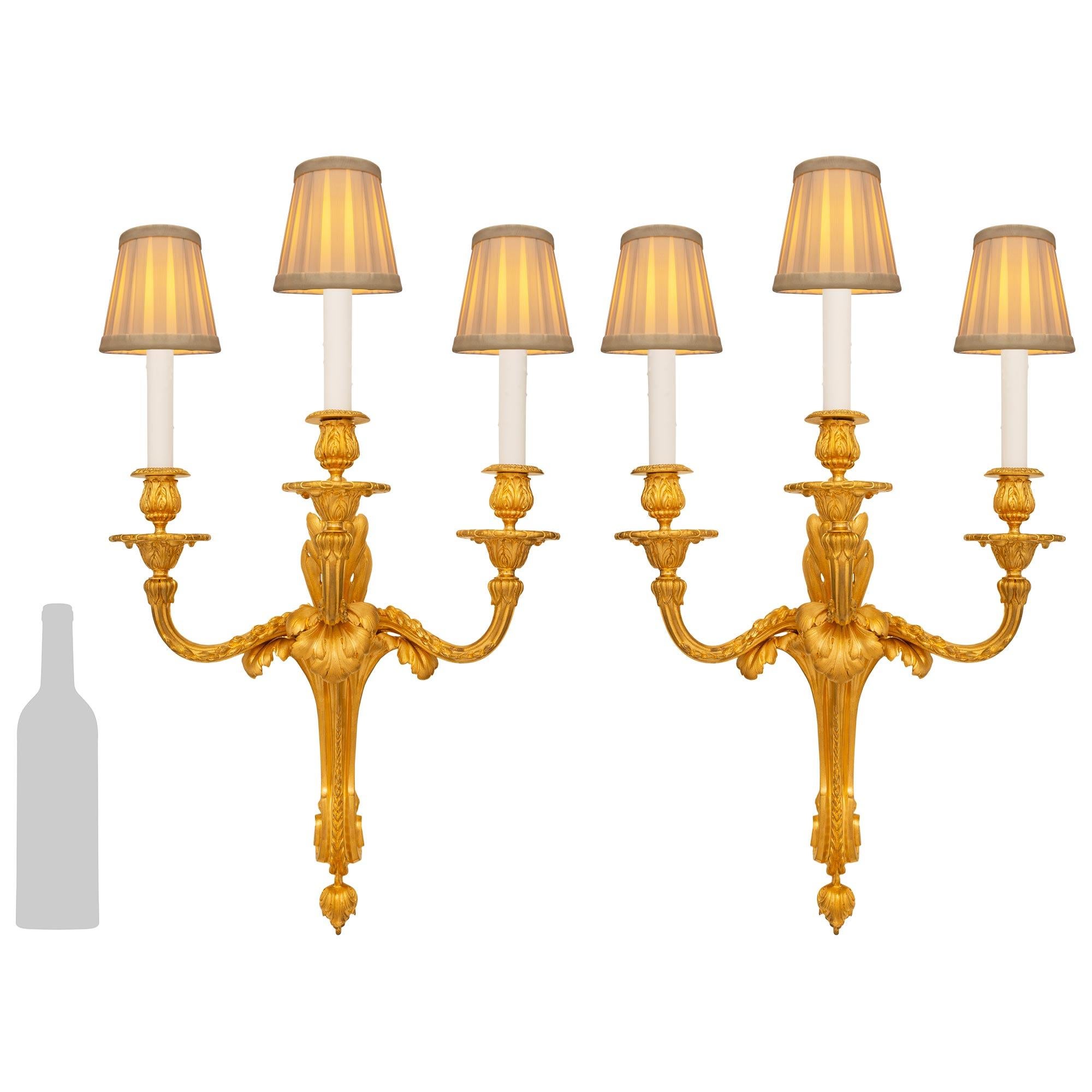 Paire d'appliques en bronze doré de style Louis XVI du XIXe siècle, d'une grande élégance et d'une grande qualité. Chaque applique est centrée par un fin fleuron inférieur à fines feuilles sous le magnifique support central à volutes. Les trois bras