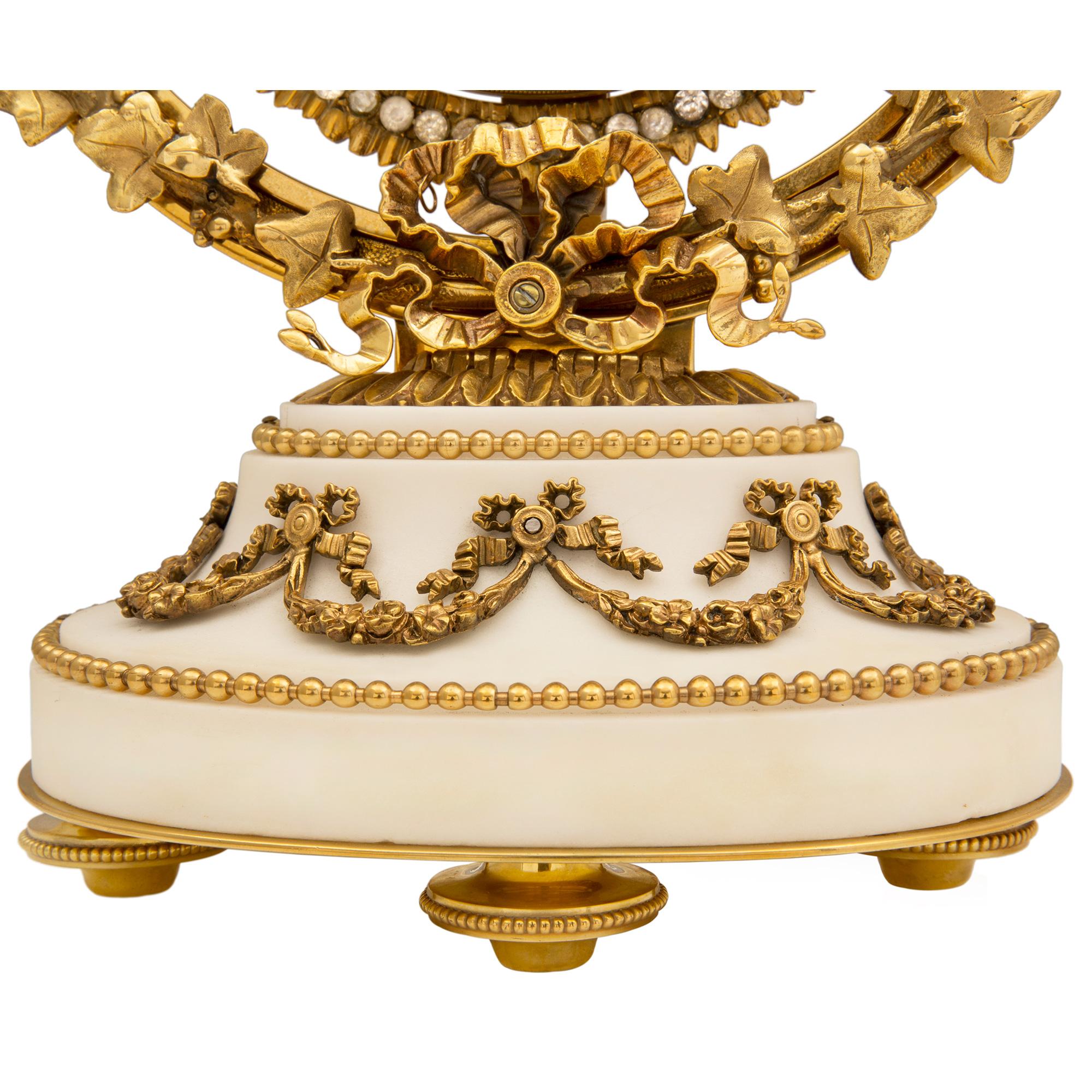 French 19th Century Louis XVI St. Ormolu, White Carrara Marble and Crystal Clock For Sale 4