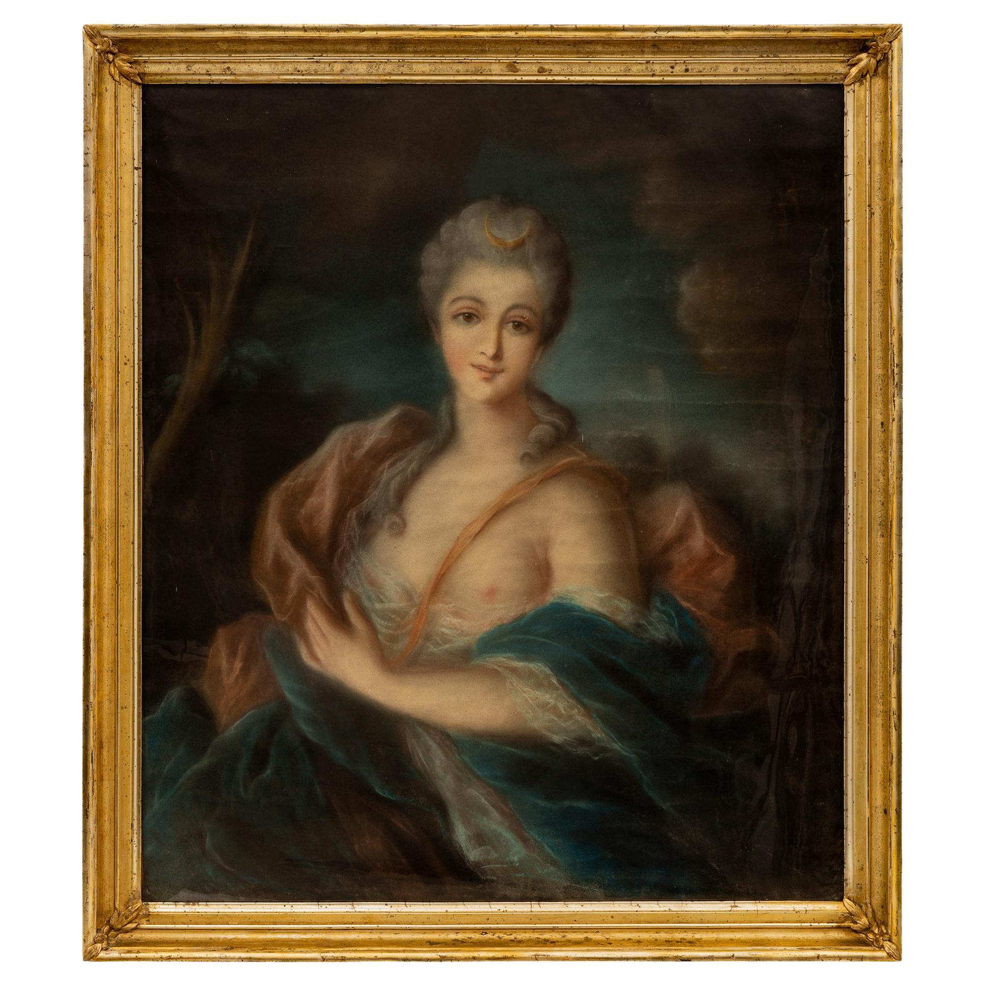 French 19th Century Louis XVI St. Pastel of Diana the Huntress For Sale