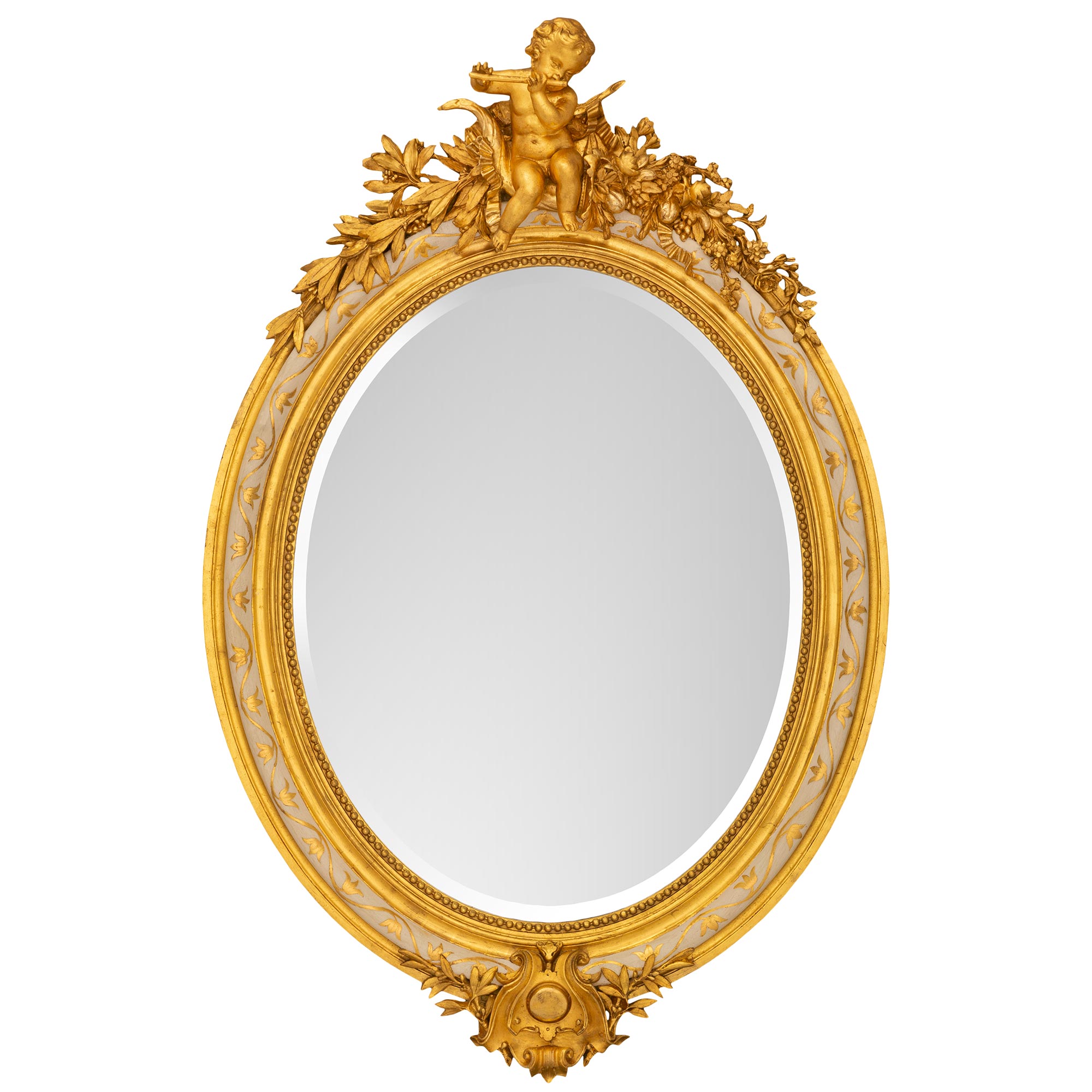 Miroir français du 19ème siècle de style Louis XVI en bois patiné et doré