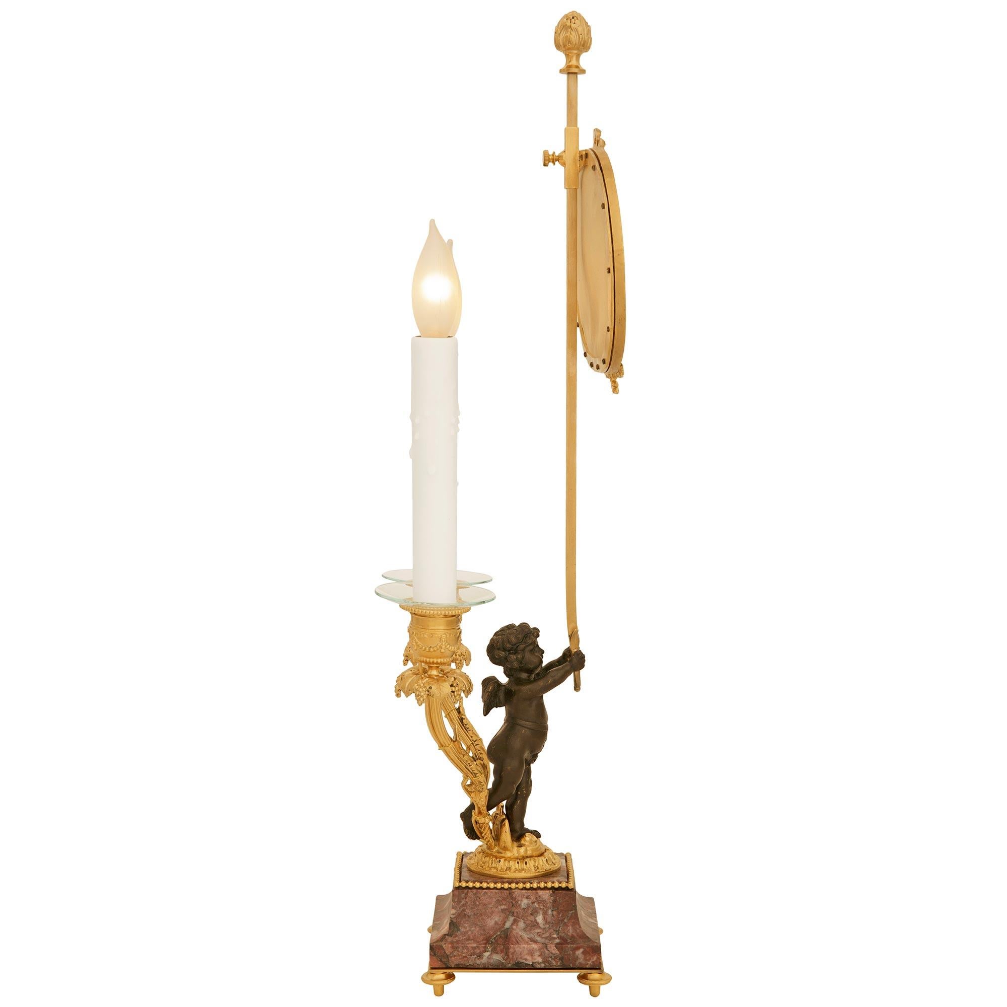 Lámpara francesa del siglo XIX, estilo Luis XVI, de bronce patinado, mármol y ormolu en Bueno estado para la venta en West Palm Beach, FL
