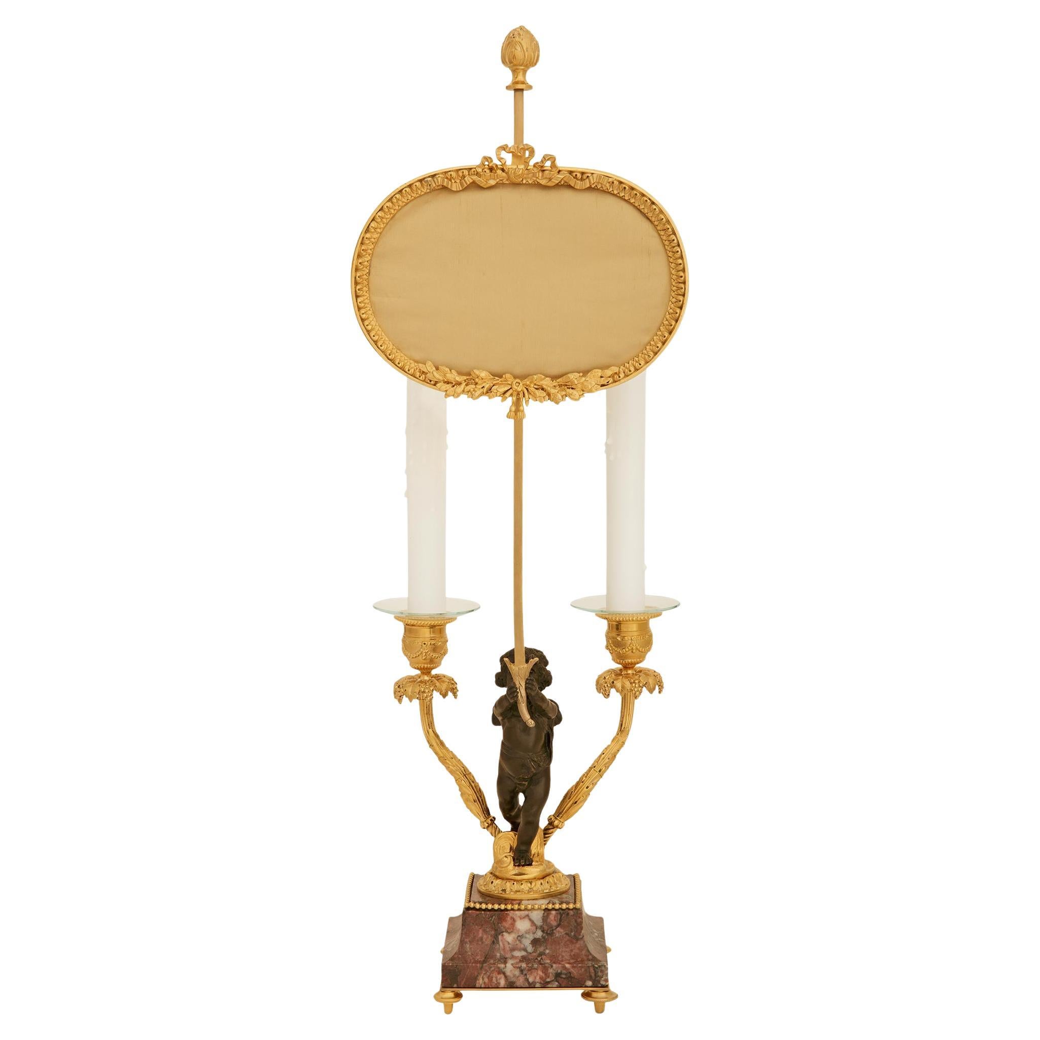 French 19th century Louis XVI st. patinated Bronze, Marble and Ormolu lamp