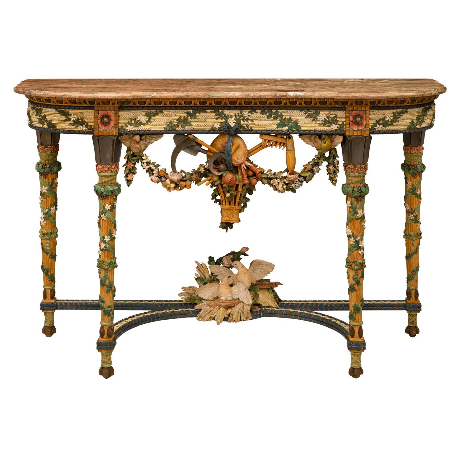 Console française du 19ème siècle de style Louis XVI en bois patiné et marbre