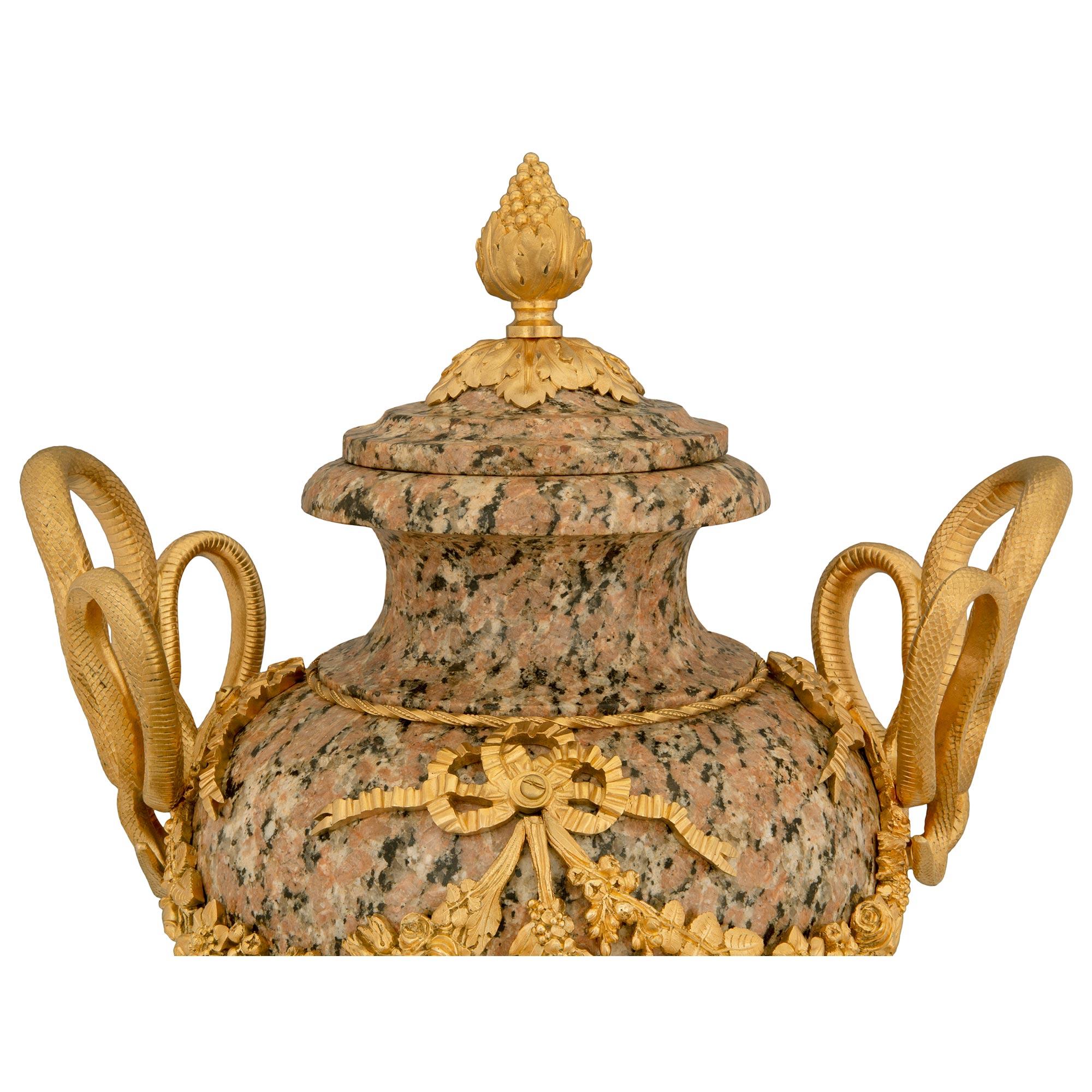 French 19th Century Louis XVI St. Pink Granite and Ormolu Lidded Urn For Sale 3