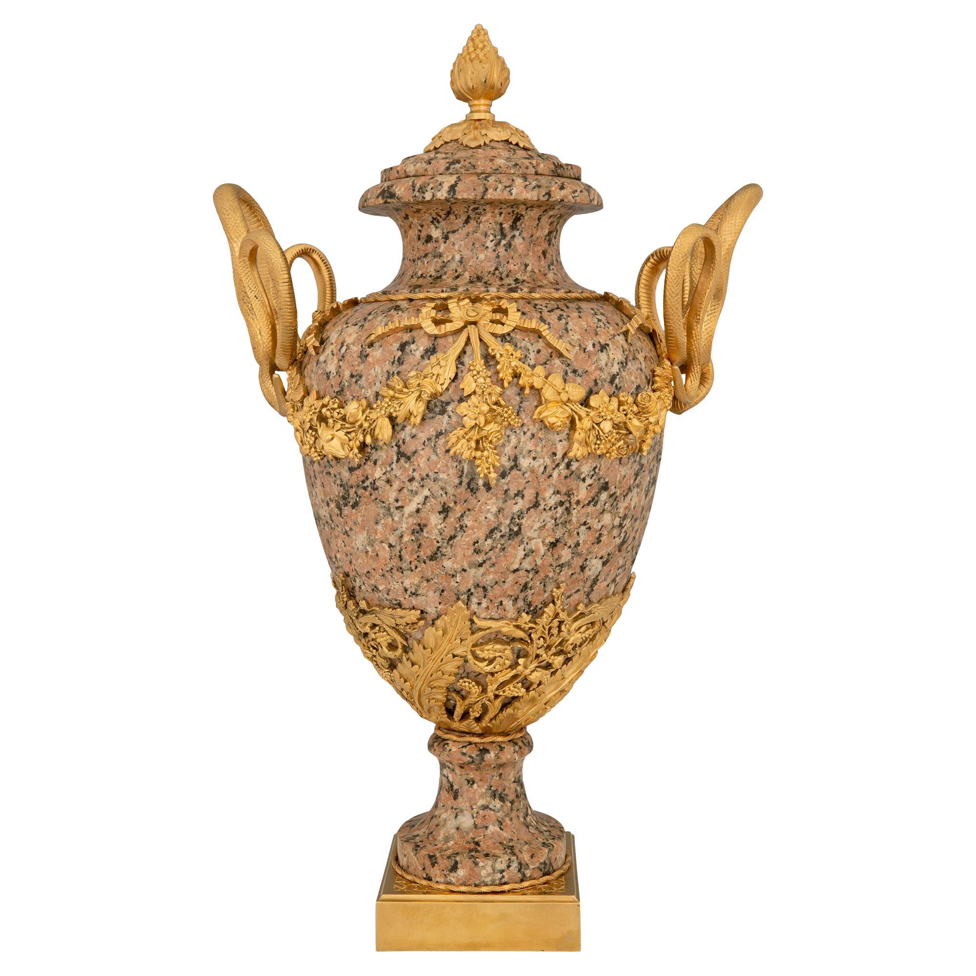 French 19th Century Louis XVI St. Pink Granite and Ormolu Lidded Urn For Sale