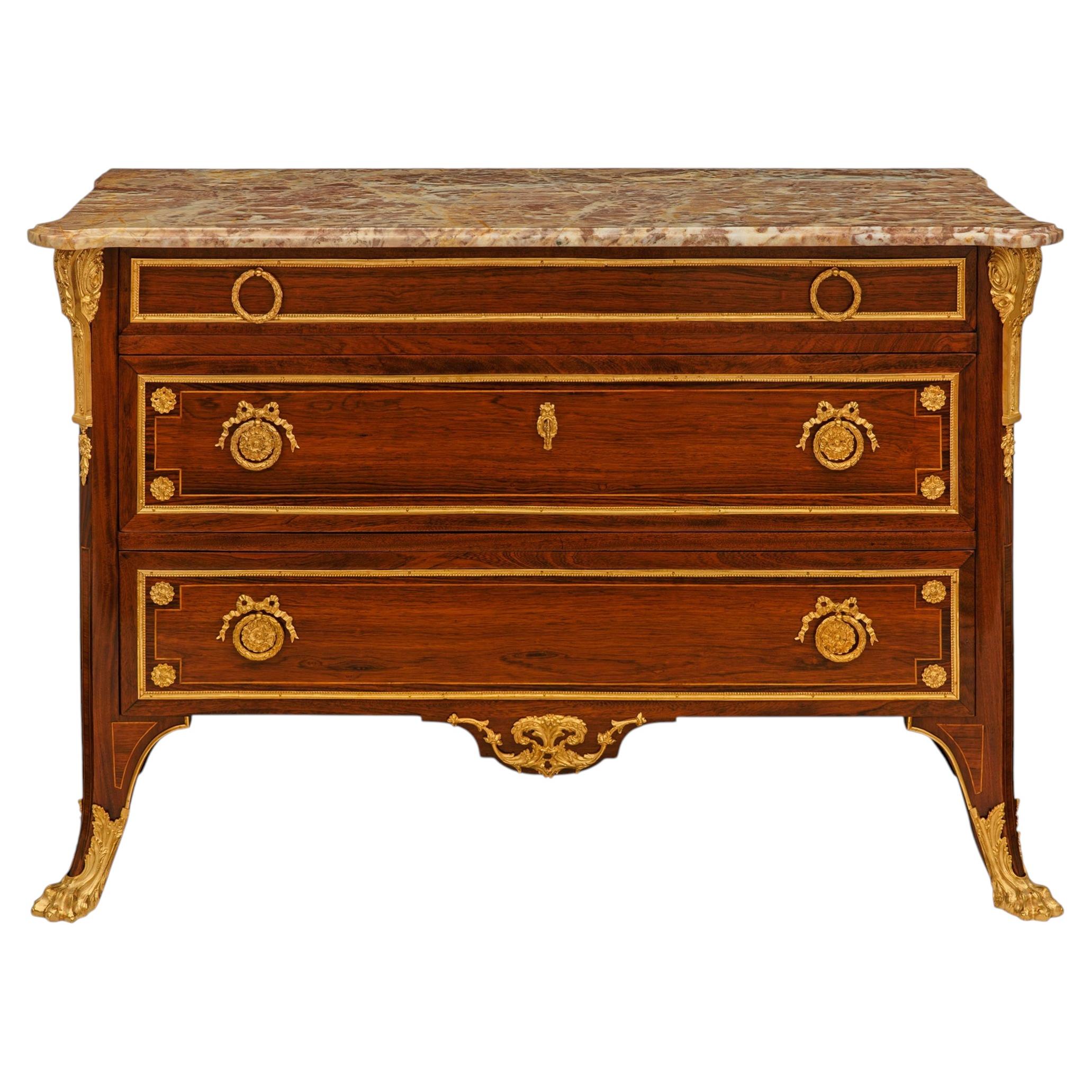 French 19th century Louis XVI st. Rosewood, Kingwood, Ormolu and marble commode