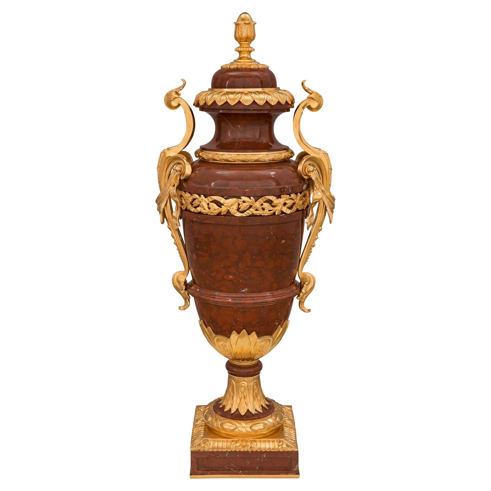 French 19th Century Louis XVI St. Rouge Griotte Marble and Ormolu Lidded Urn For Sale