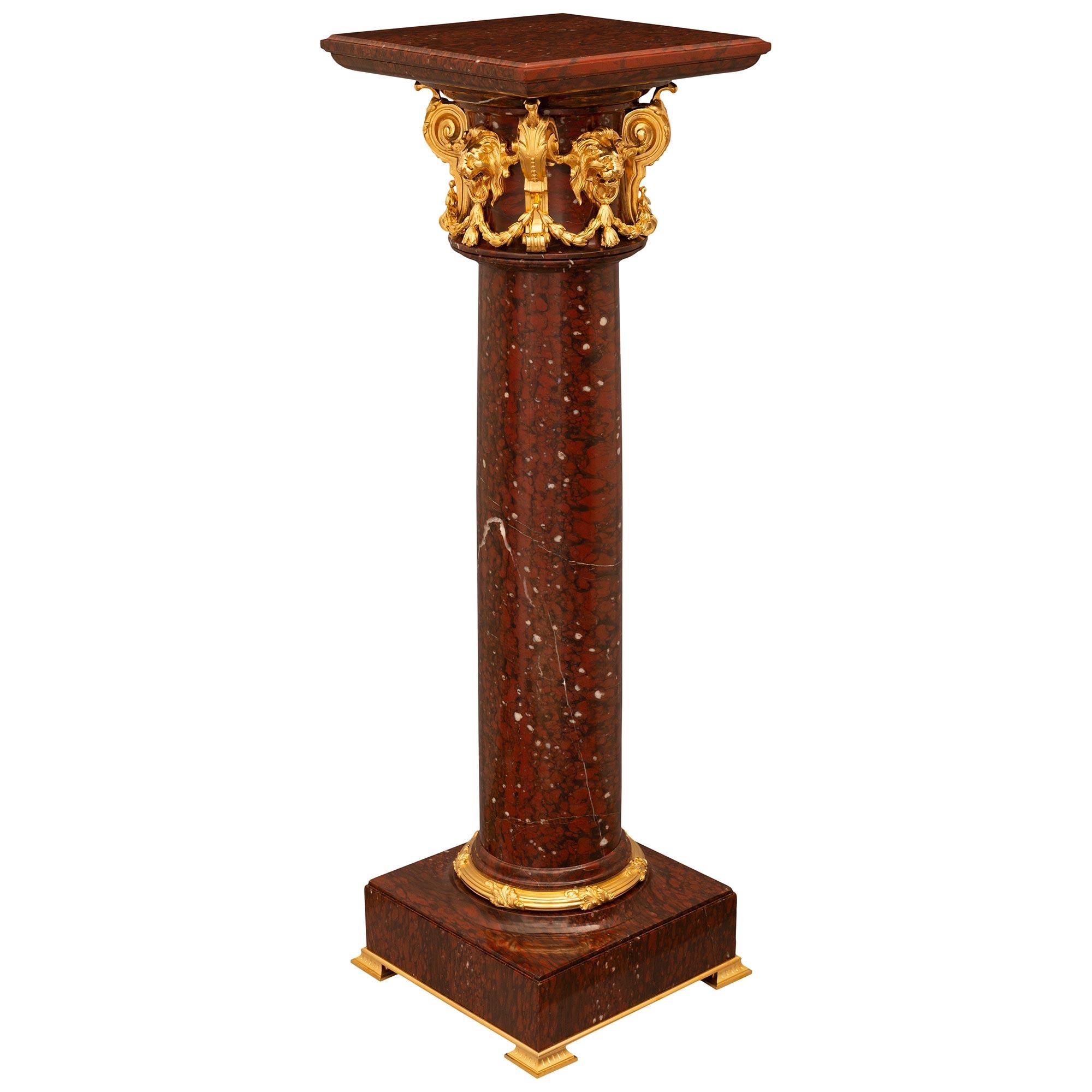 French 19th century Louis XVI st. Rouge Griotte marble and Ormolu pedestal In Good Condition For Sale In West Palm Beach, FL
