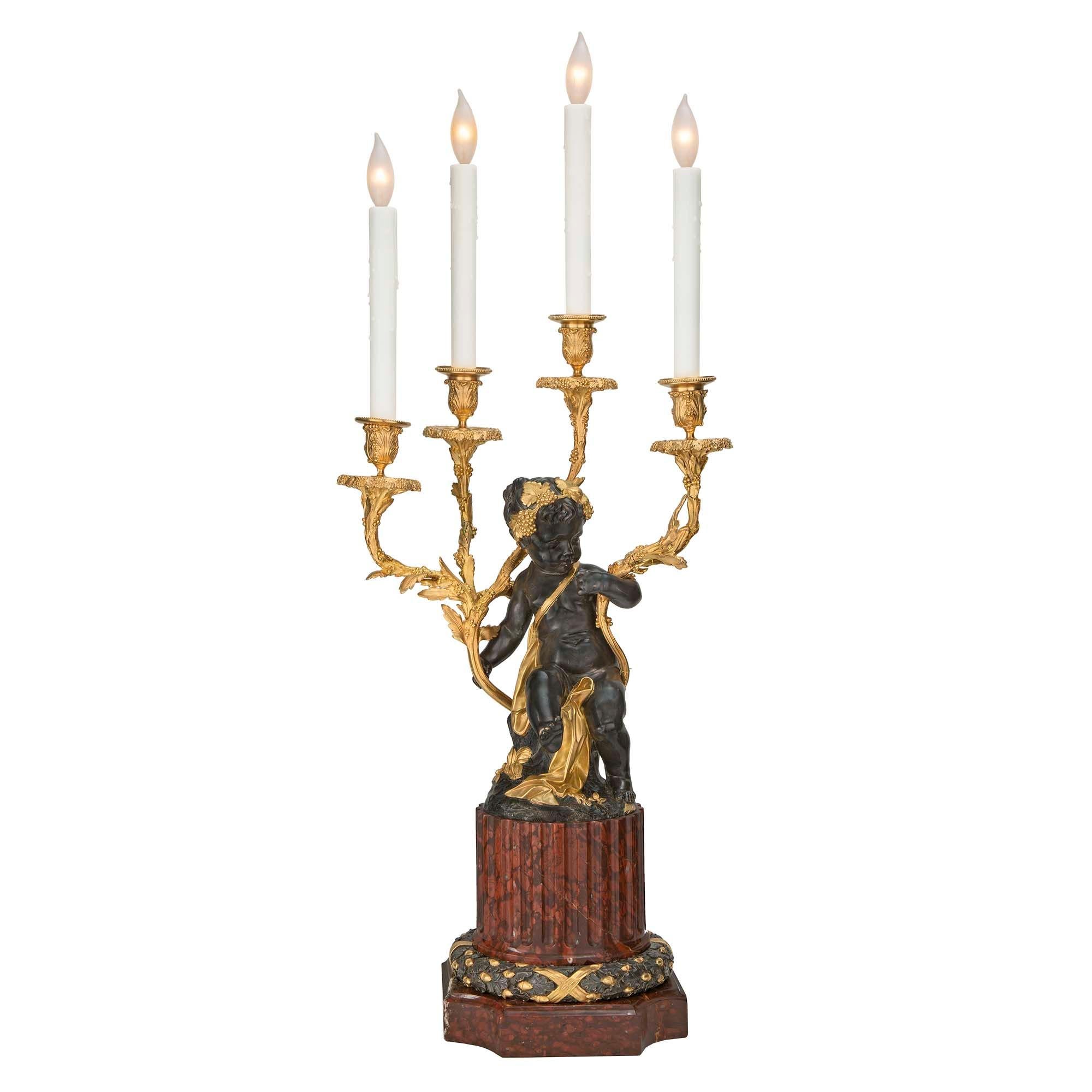 Patinated French 19th Century Louis XVI St. Rouge Griotte Marble, Bronze, and Ormolu Lamps For Sale