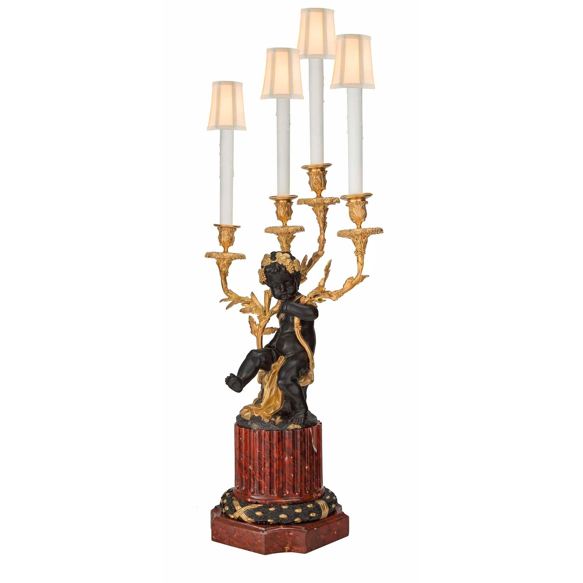 French 19th Century Louis XVI St. Rouge Griotte Marble, Bronze, and Ormolu Lamps For Sale 1