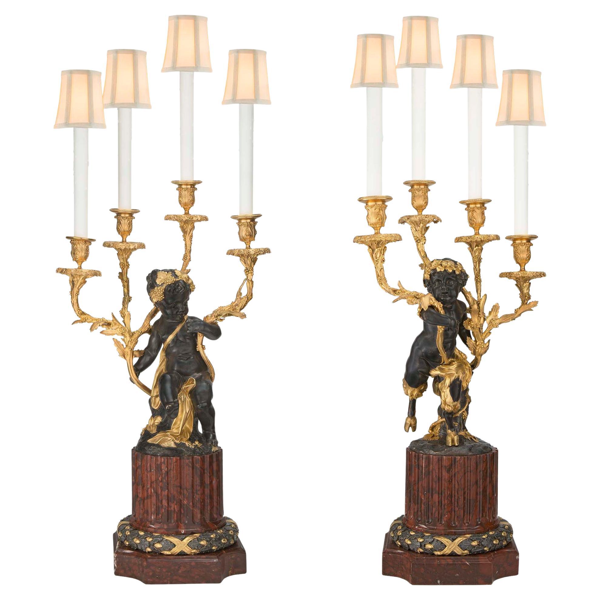 French 19th Century Louis XVI St. Rouge Griotte Marble, Bronze, and Ormolu Lamps