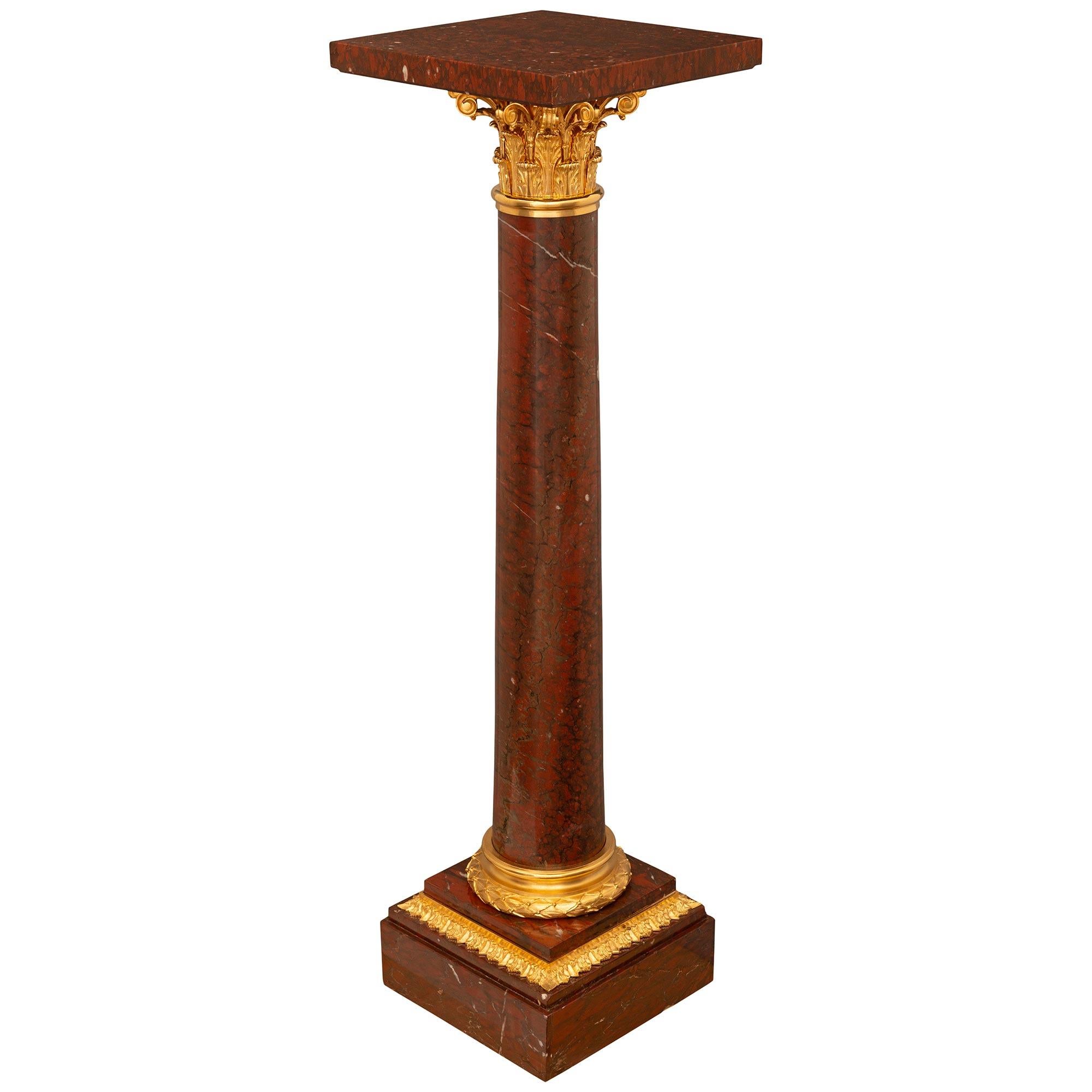 French 19th Century Louis XVI St. Rouge Griotte Marble & Ormolu Pedestal Column In Good Condition For Sale In West Palm Beach, FL