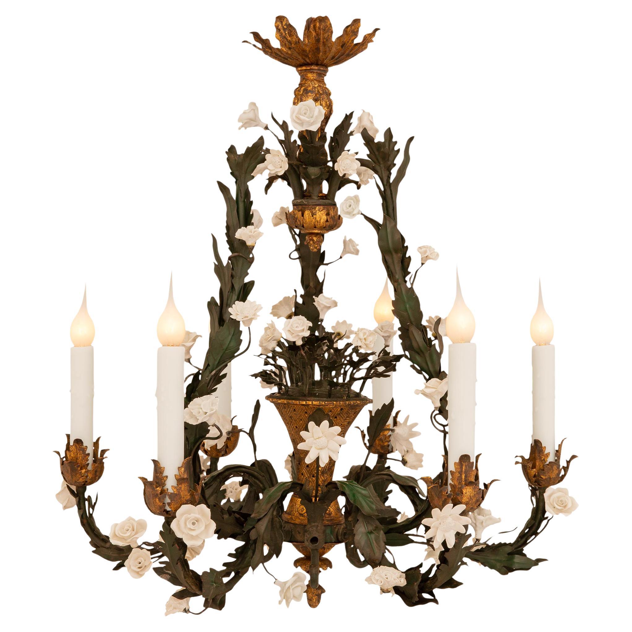 French 19th century Louis XVI st. Saxe Porcelain, Gilt Metal and Tole chandelier