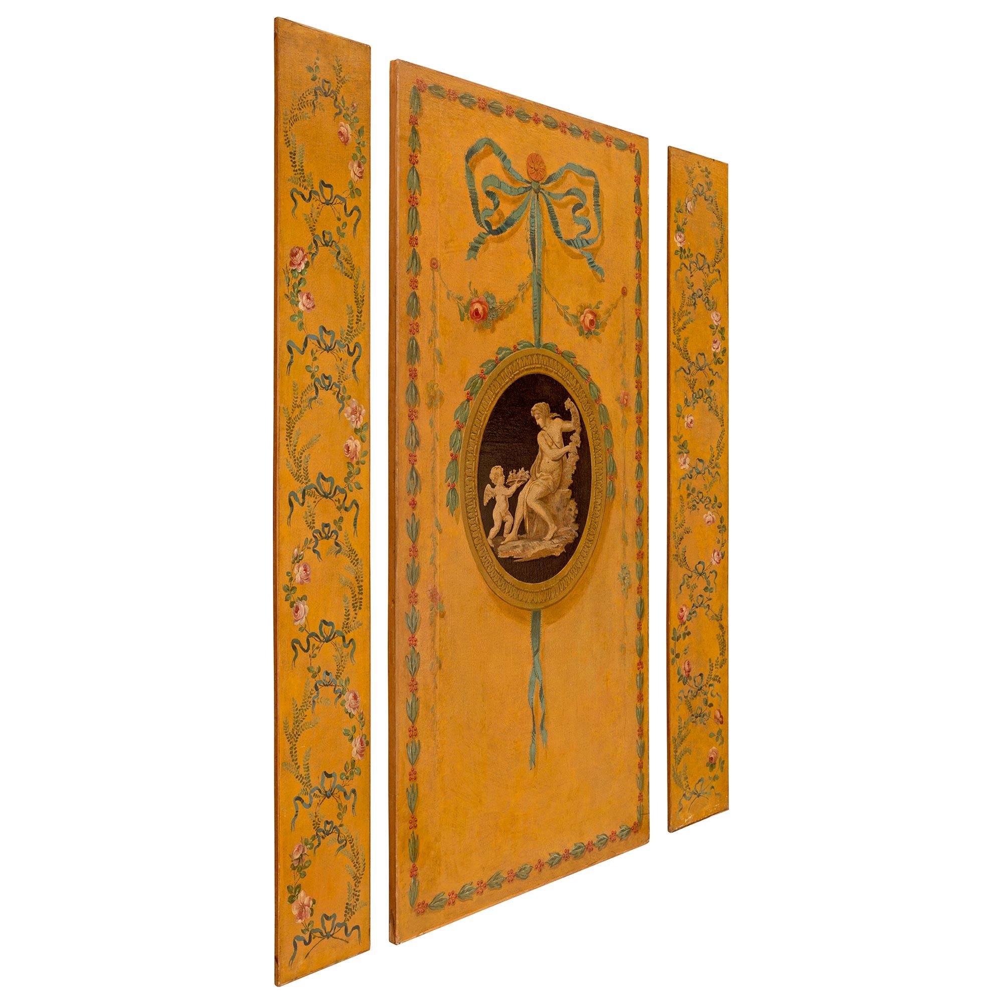 Patinated French 19th Century Louis XVI St. Set of Three Large Painted Panels For Sale