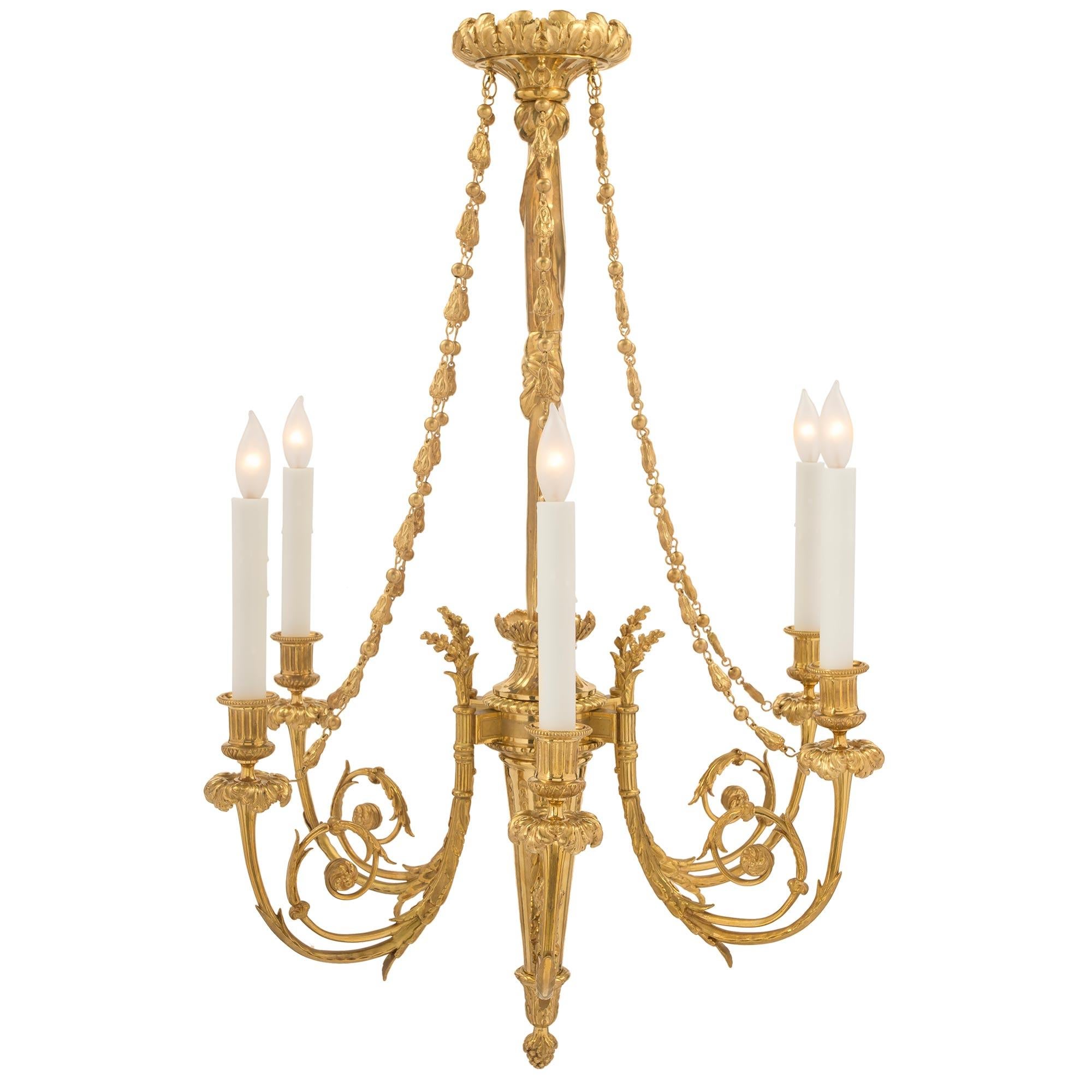 French 19th Century Louis XVI St. Six-Arm Ormolu Chandelier In Good Condition For Sale In West Palm Beach, FL