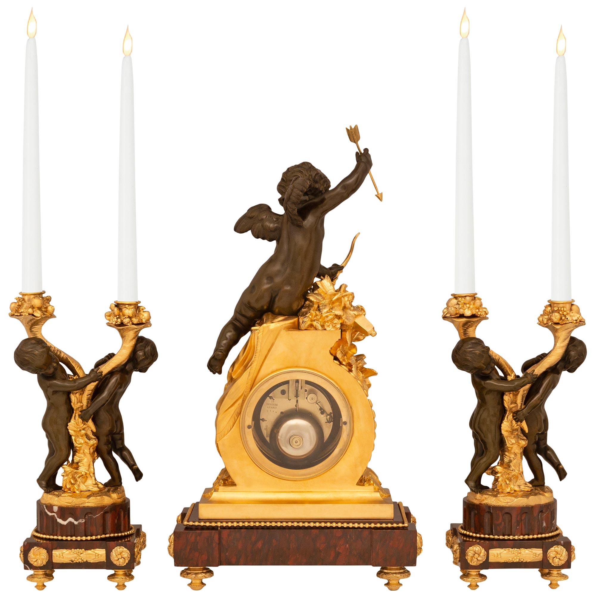 Garniture trois pièces Louis XVI du 19ème siècle, signée Denière en vente 4