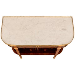 Console francese del XIX secolo in legno di tulipano, noce, ormeggio e marmo di stile Luigi XVI