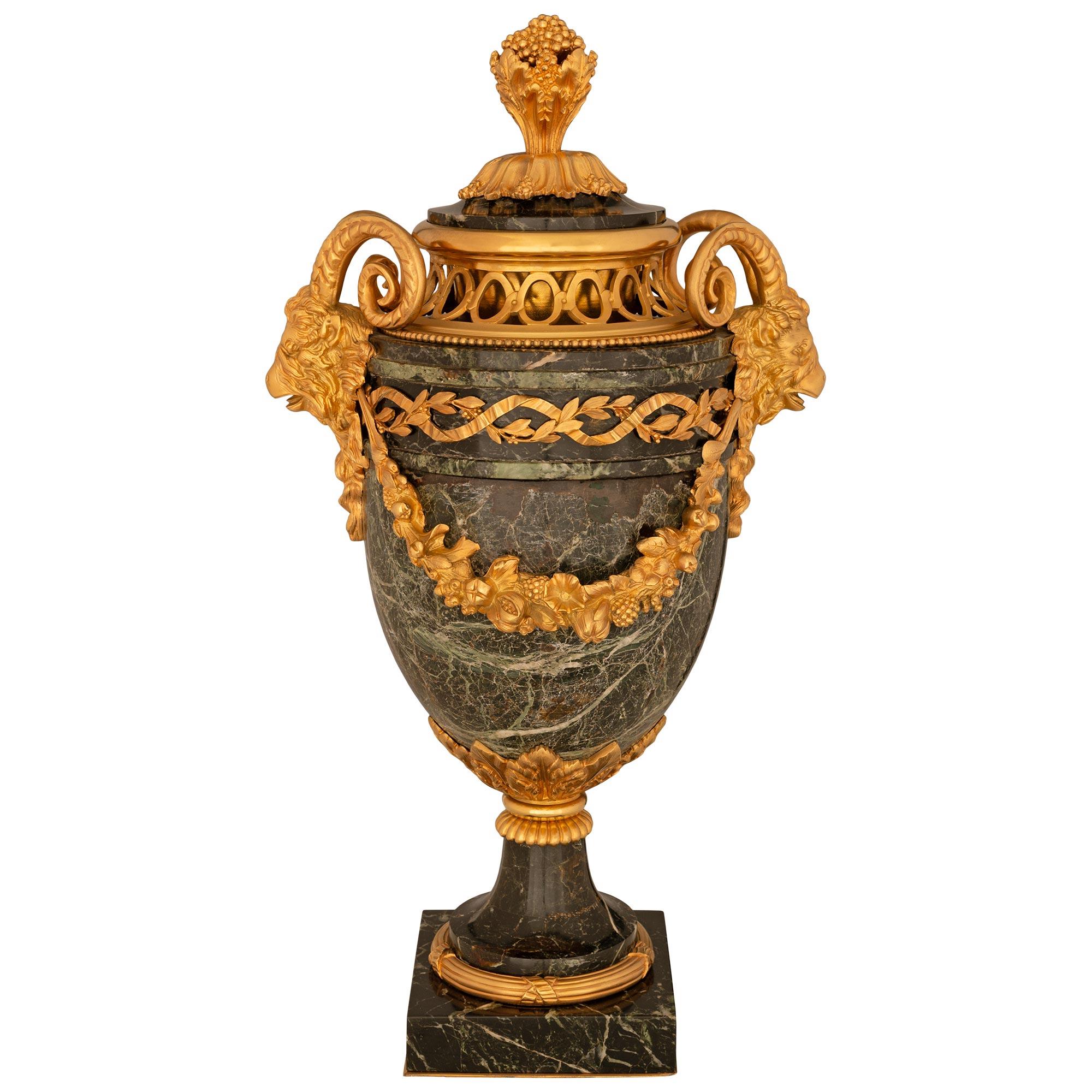 French 19th Century Louis XVI St. Vert De Patricia Marble And Ormolu Lidded Urn For Sale 7