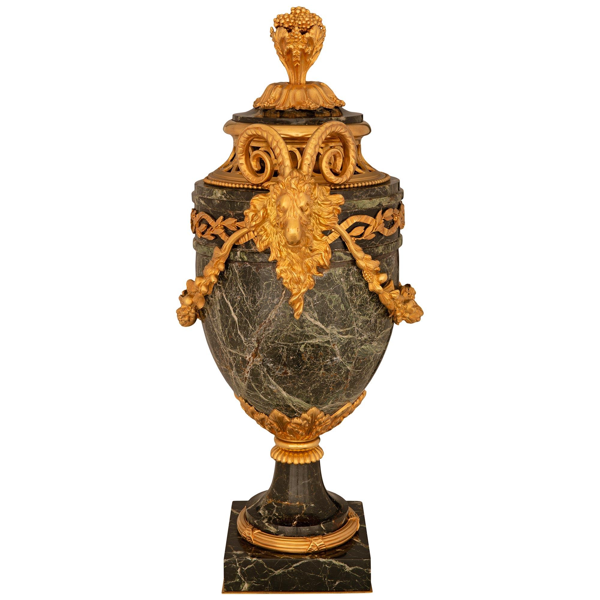 French 19th Century Louis XVI St. Vert De Patricia Marble And Ormolu Lidded Urn For Sale 1