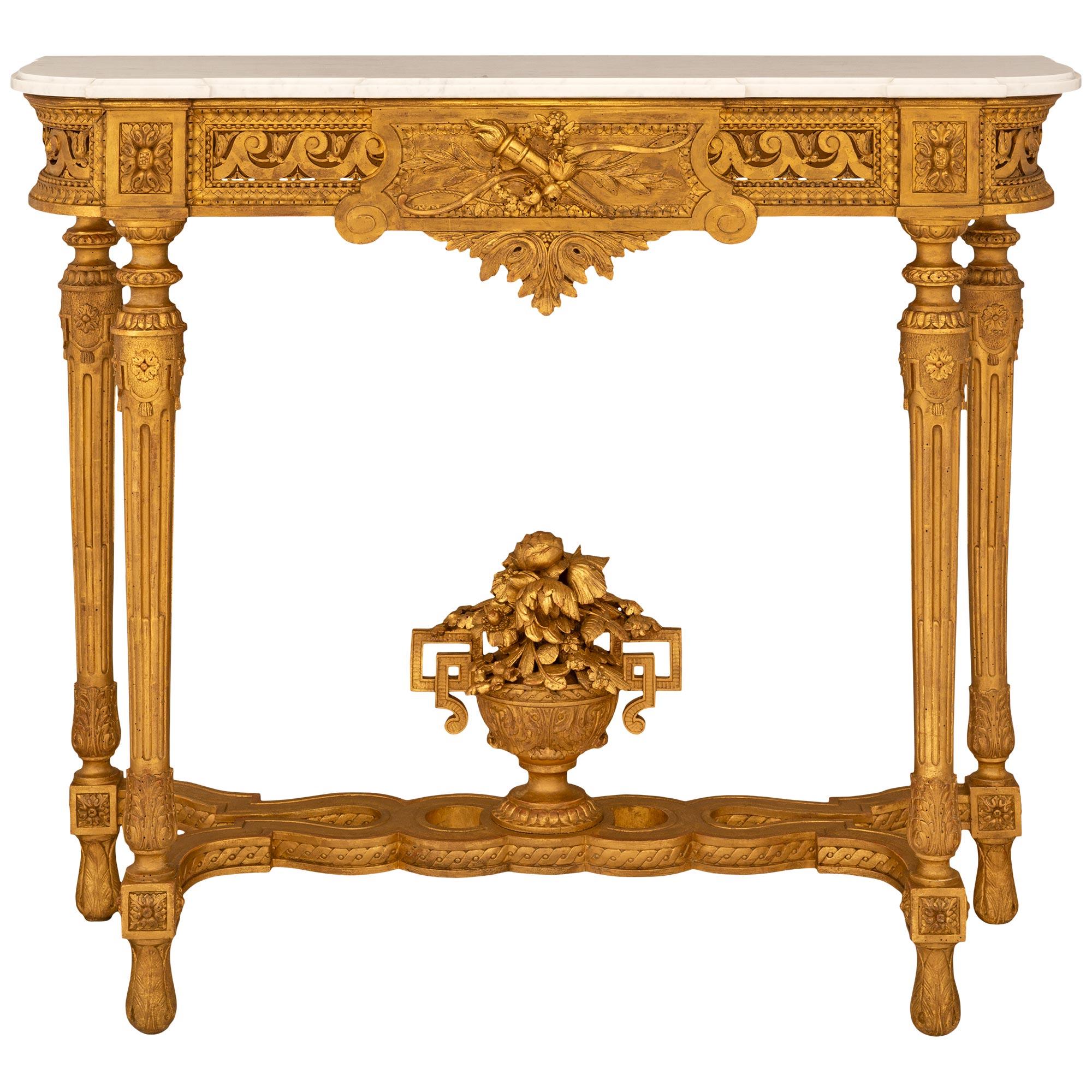 French 19th Century Louis XVI St. White Carrara Marble And Giltwood Console For Sale 9