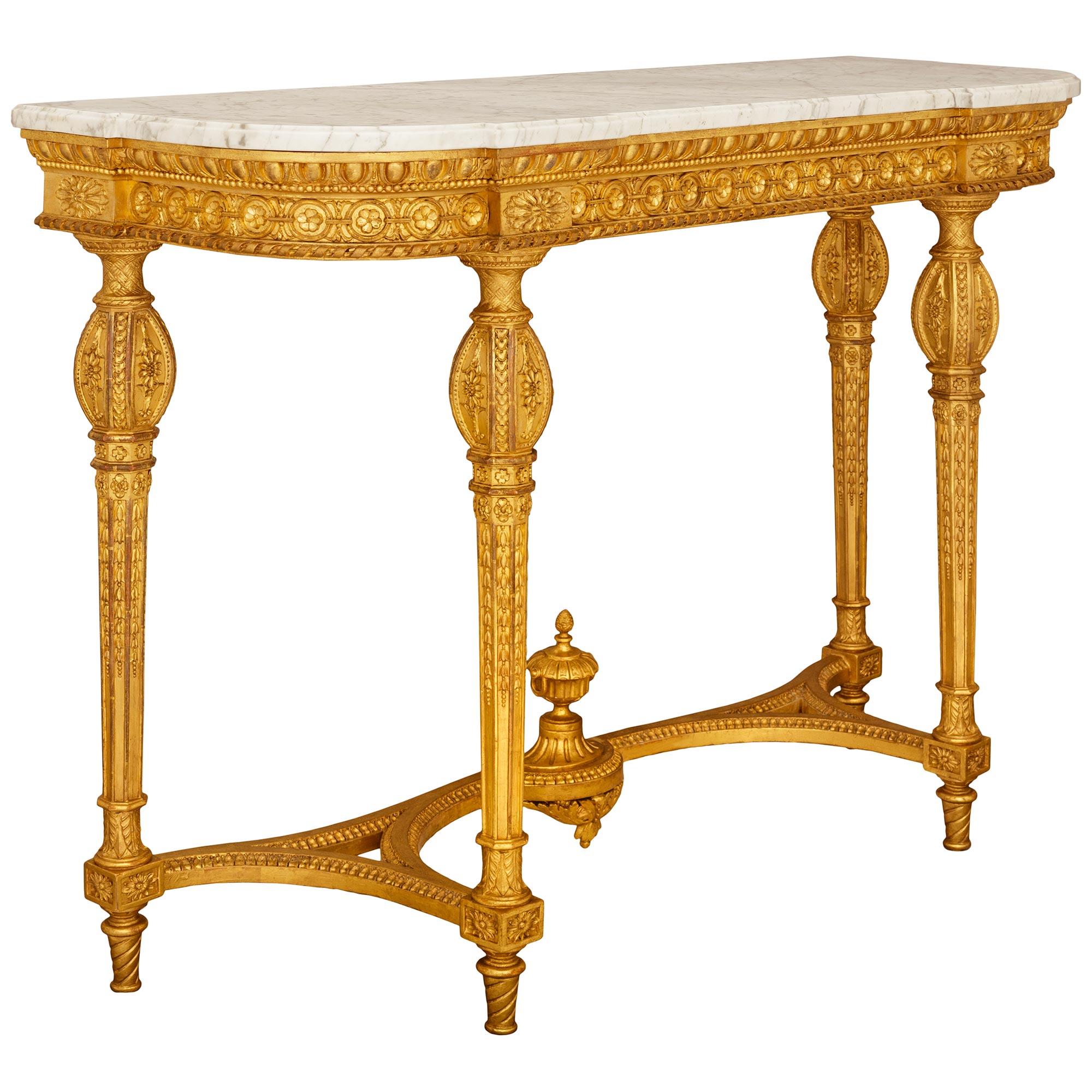 Francese Console francese del XIX secolo in stile Luigi XVI in marmo bianco di Carrara e legno d'orato in vendita