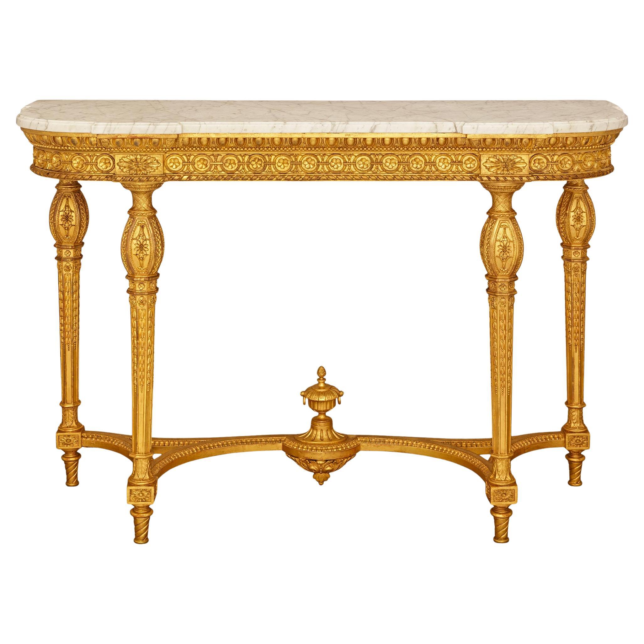 Console francese del XIX secolo in stile Luigi XVI in marmo bianco di Carrara e legno d'orato